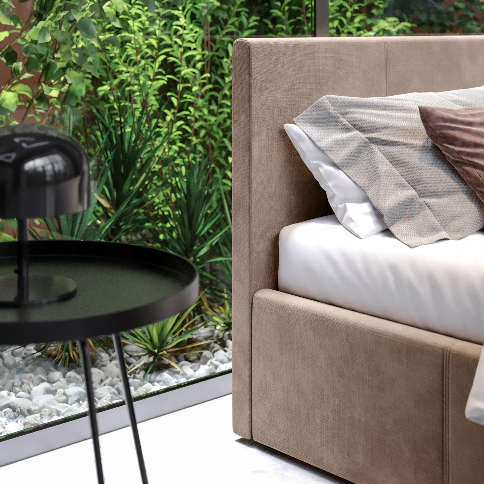 Letto matrimoniale 160x200 cm in tessuto visone beige con contenitore - Joya