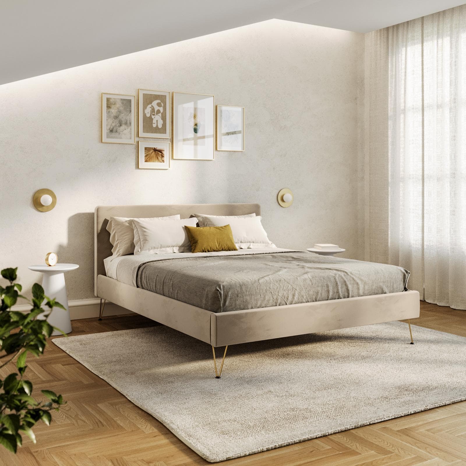 Letto matrimoniale 160x200 cm in velluto beige con gambe oro - Viggo