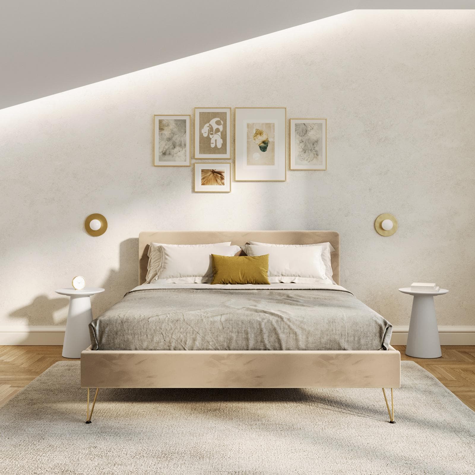 Letto matrimoniale 160x200 cm in velluto beige con gambe oro - Viggo