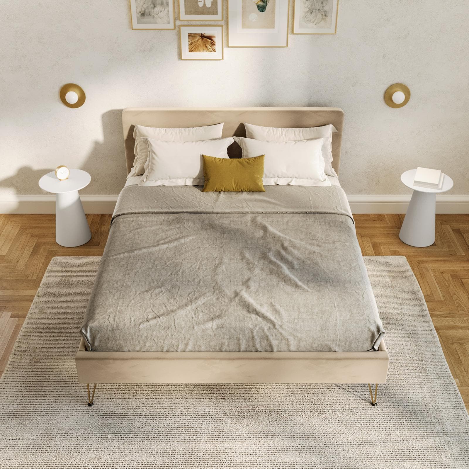 Letto matrimoniale 160x200 cm in velluto beige con gambe oro - Viggo