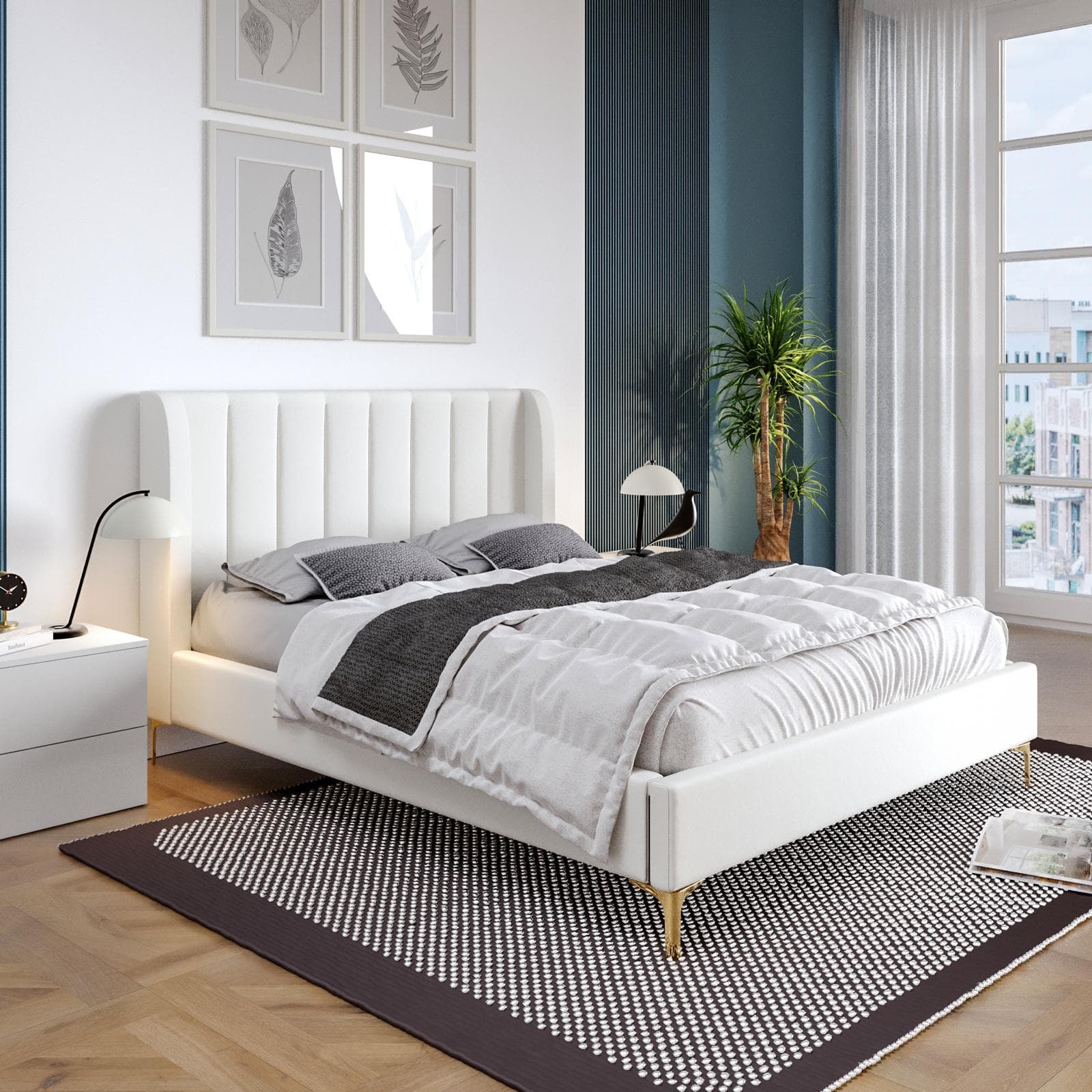 Letto matrimoniale 160x200 cm in velluto bianco con gambe in metallo oro - Eterea