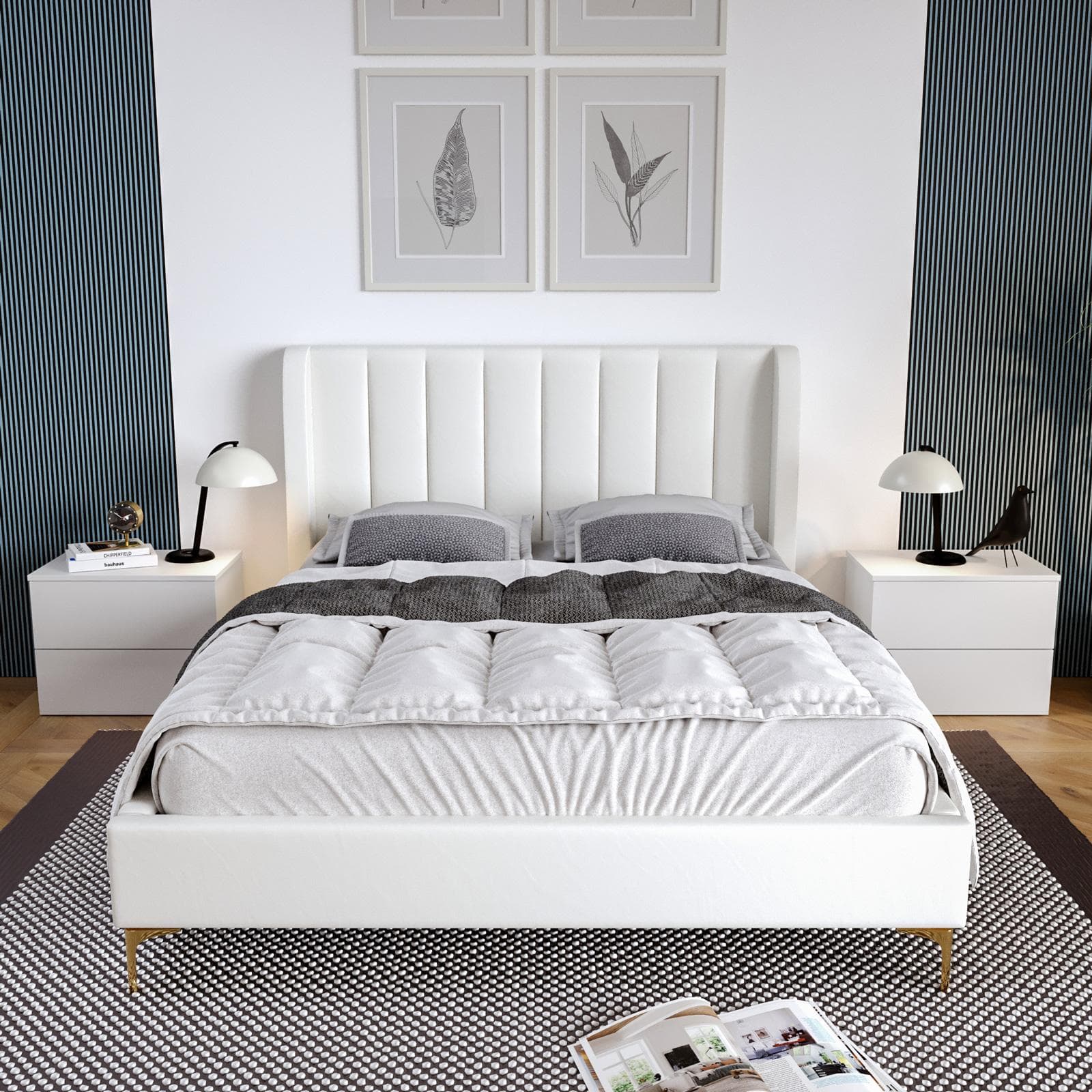 Letto matrimoniale 160x200 cm in velluto bianco con gambe in metallo oro - Eterea