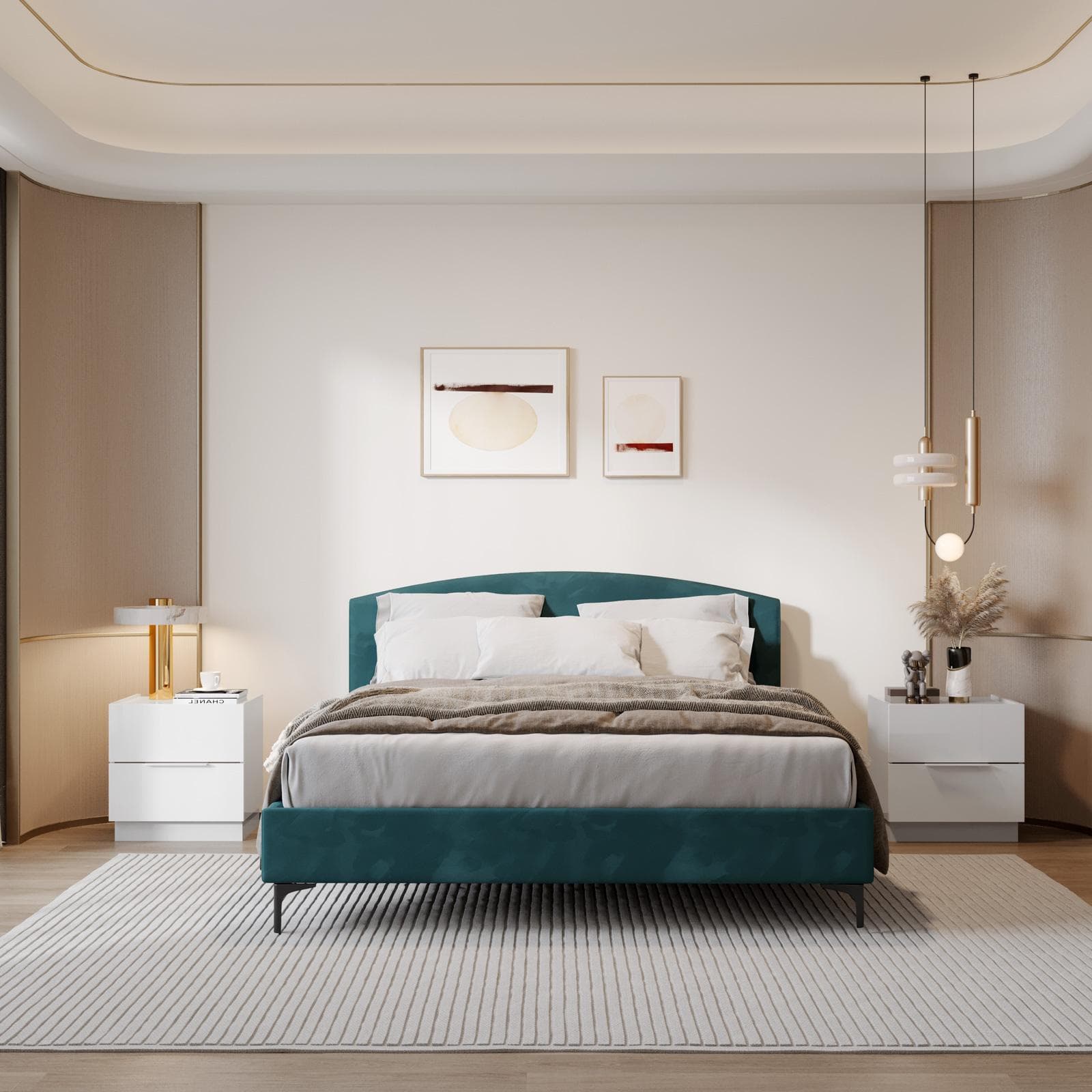 Letto matrimoniale 160x200 cm in velluto blu pavone con gambe in metallo nero - Boulevard
