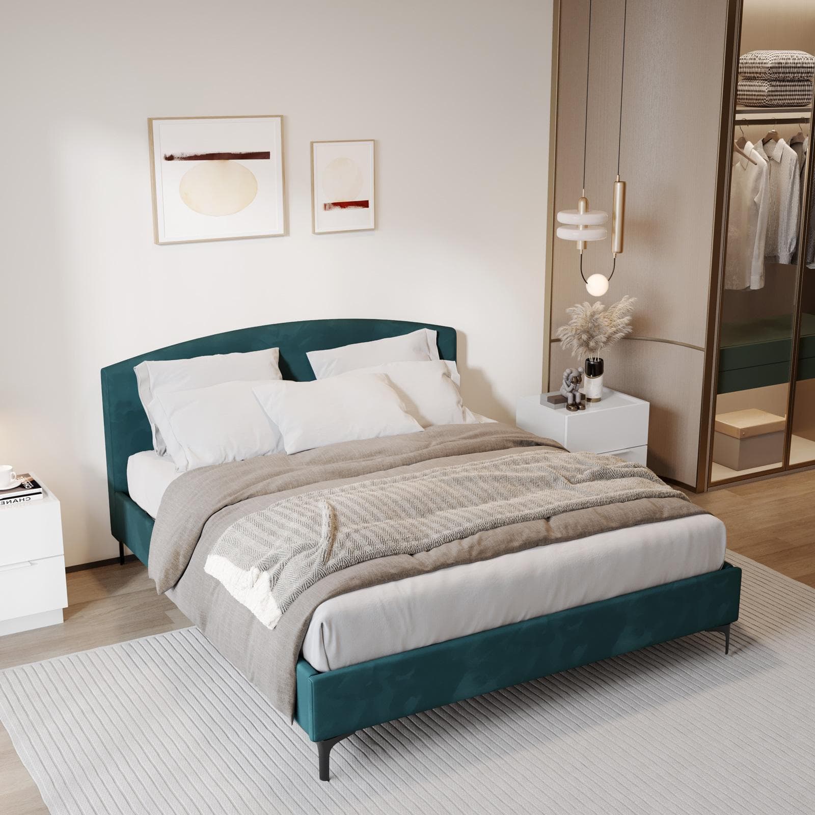 Letto matrimoniale 160x200 cm in velluto blu pavone con gambe in metallo nero - Boulevard