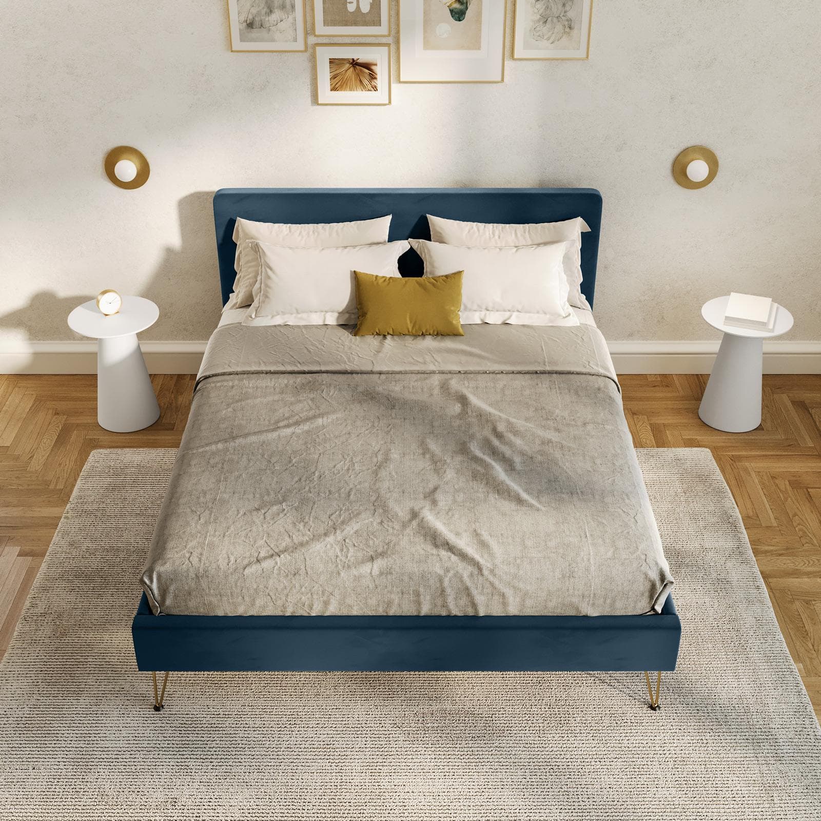Letto matrimoniale 160x200 cm in velluto blu petrolio con gambe oro - Viggo