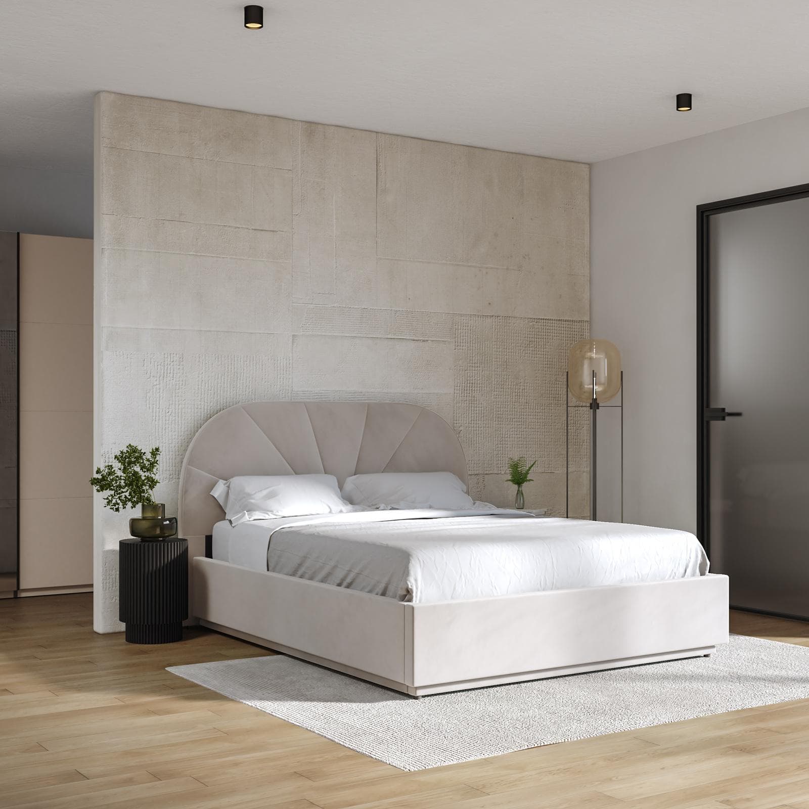 Letto matrimoniale 160x200 cm in velluto crema con contenitore - Liebe