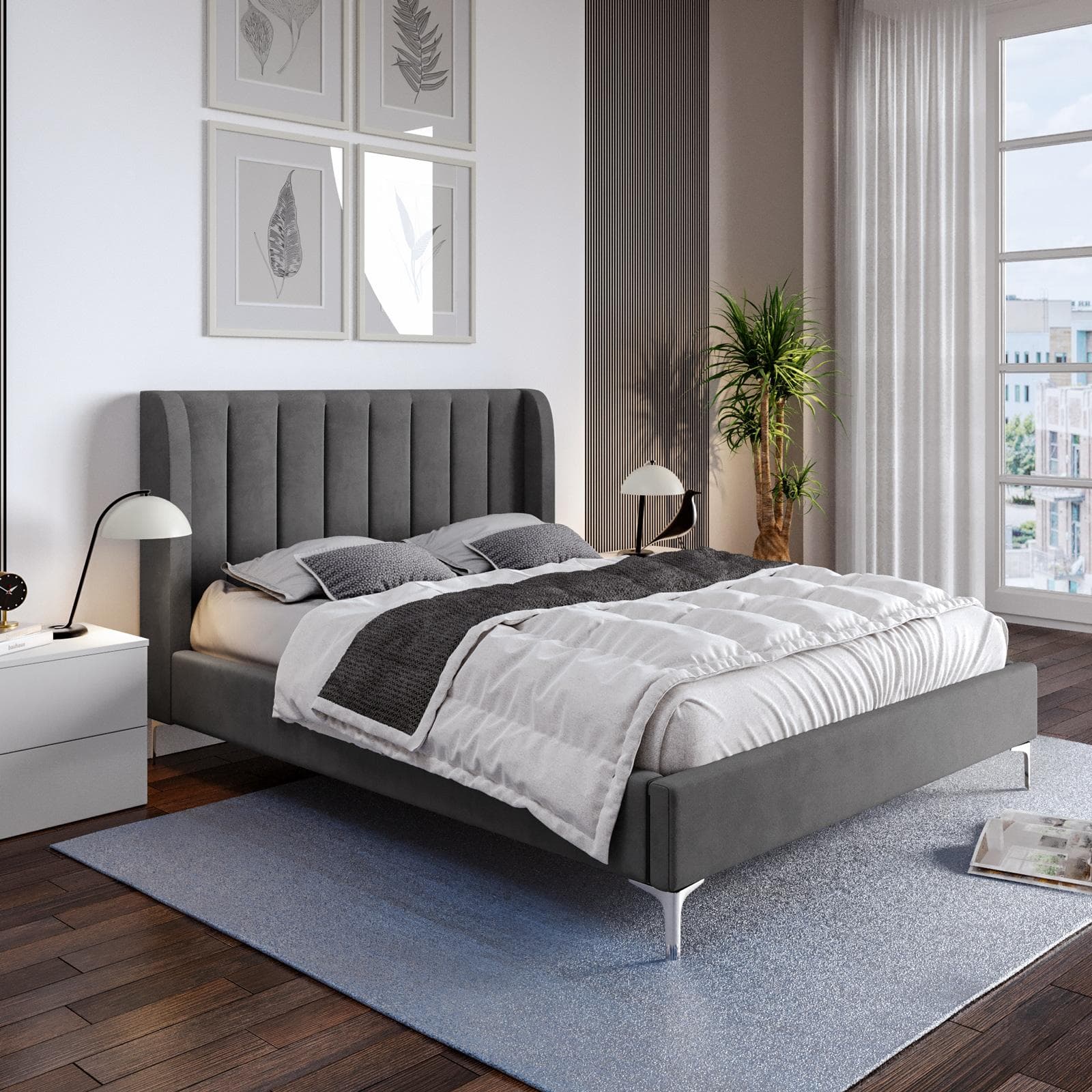 Letto matrimoniale 160x200 cm in velluto grigio con gambe in metallo cromo - Eterea