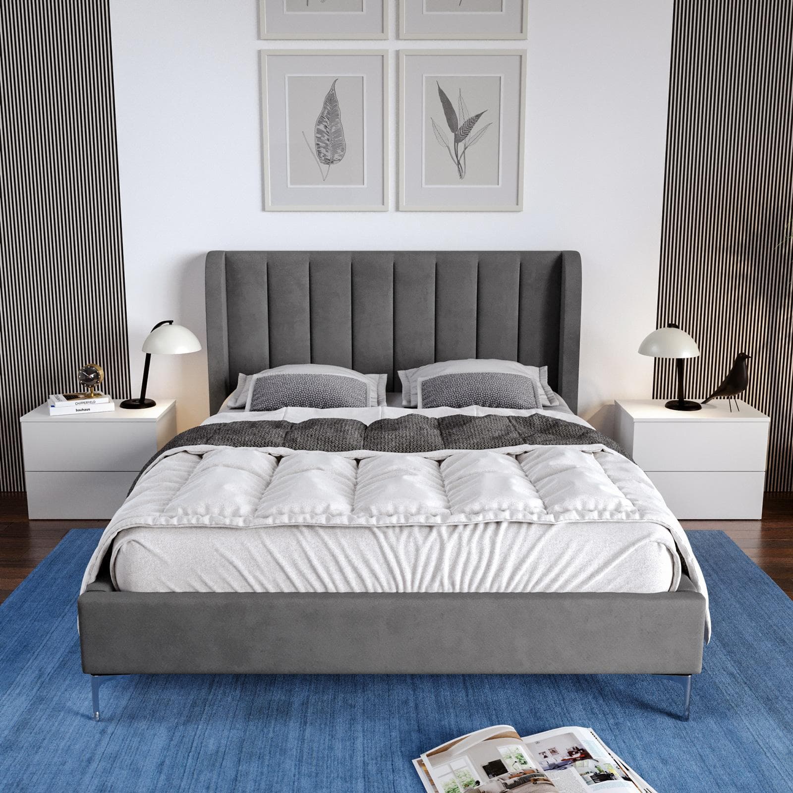 Letto matrimoniale 160x200 cm in velluto grigio con gambe in metallo cromo - Eterea