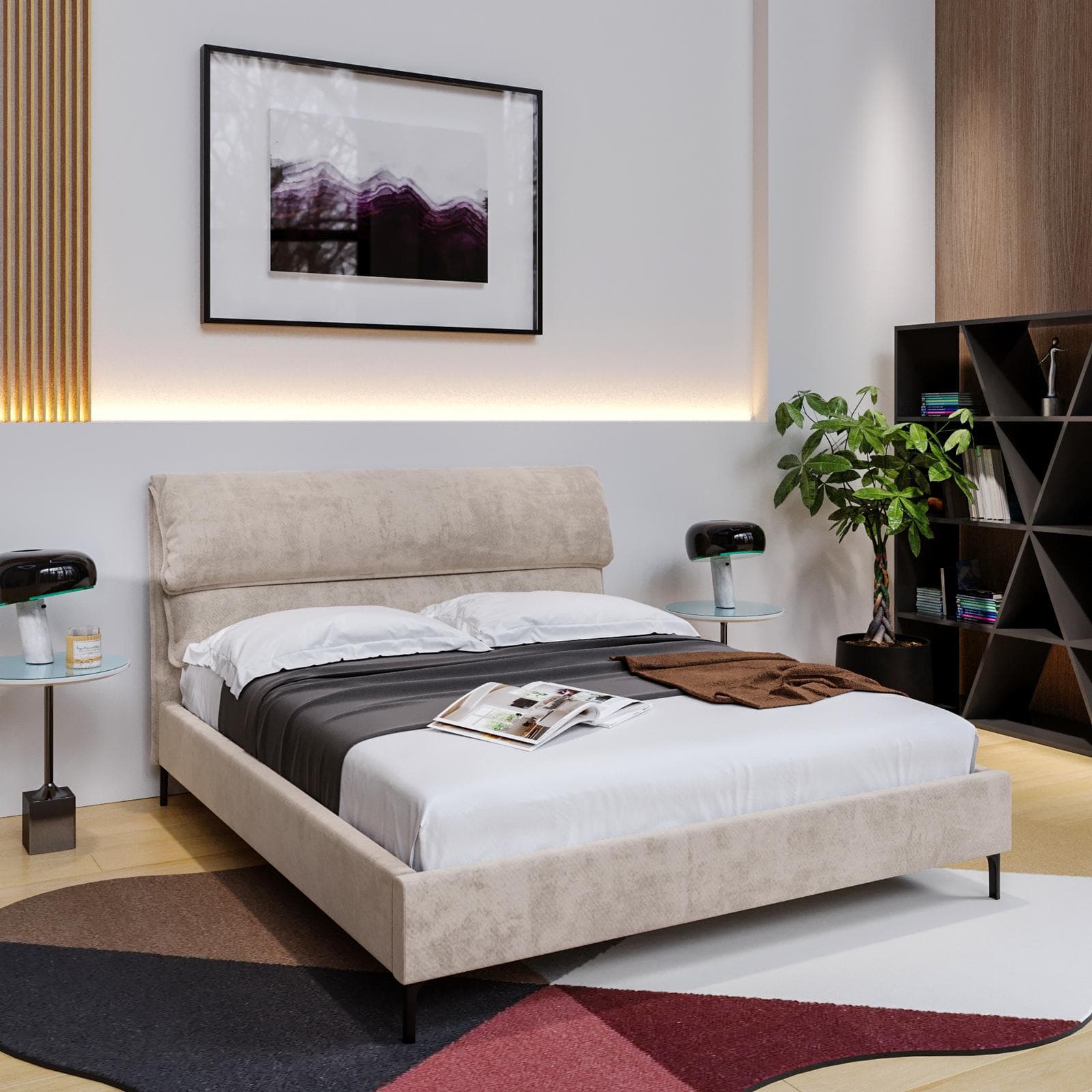 Letto matrimoniale 160x200 cm in velluto tortora chiaro con gambe in metallo nero satinato - Jamie