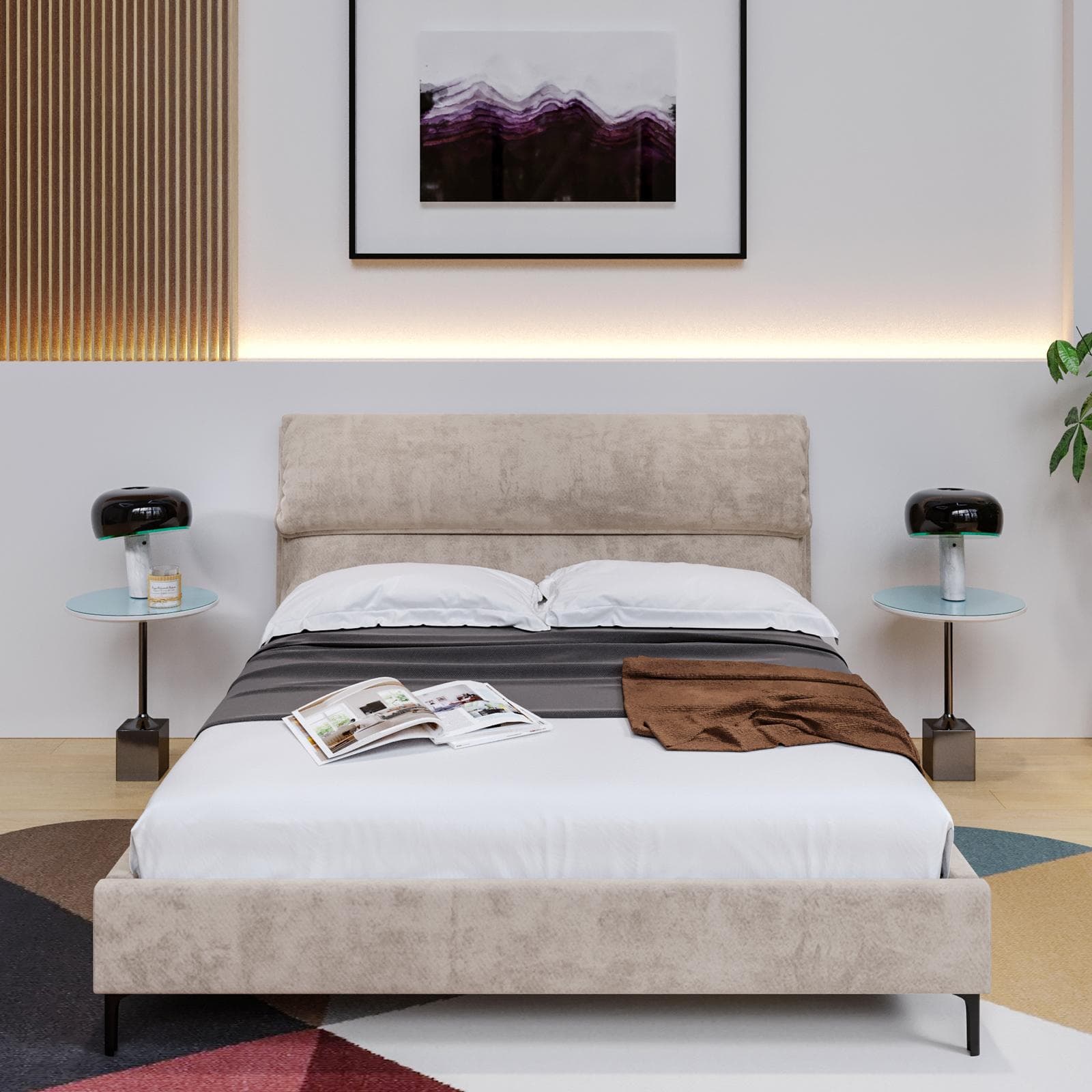 Letto matrimoniale 160x200 cm in velluto tortora chiaro con gambe in metallo nero satinato - Jamie