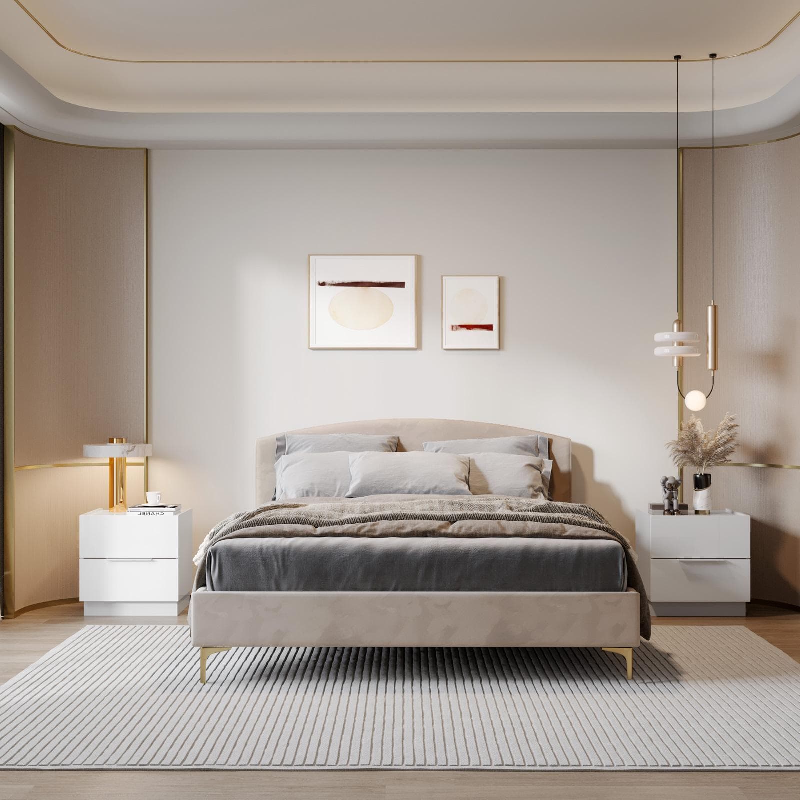 Letto matrimoniale 160x200 cm in velluto tortora chiaro con gambe in metallo oro - Boulevard