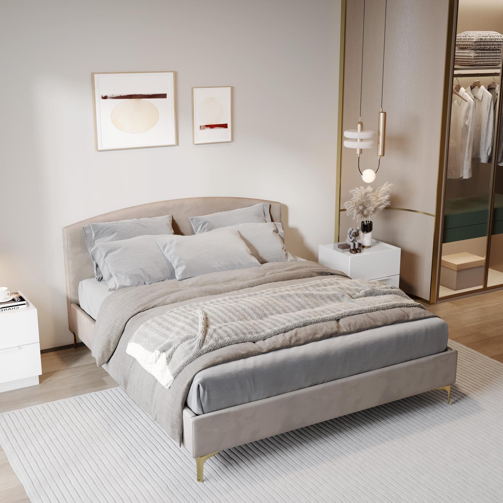 Letto matrimoniale 160x200 cm in velluto tortora chiaro con gambe in metallo oro - Boulevard