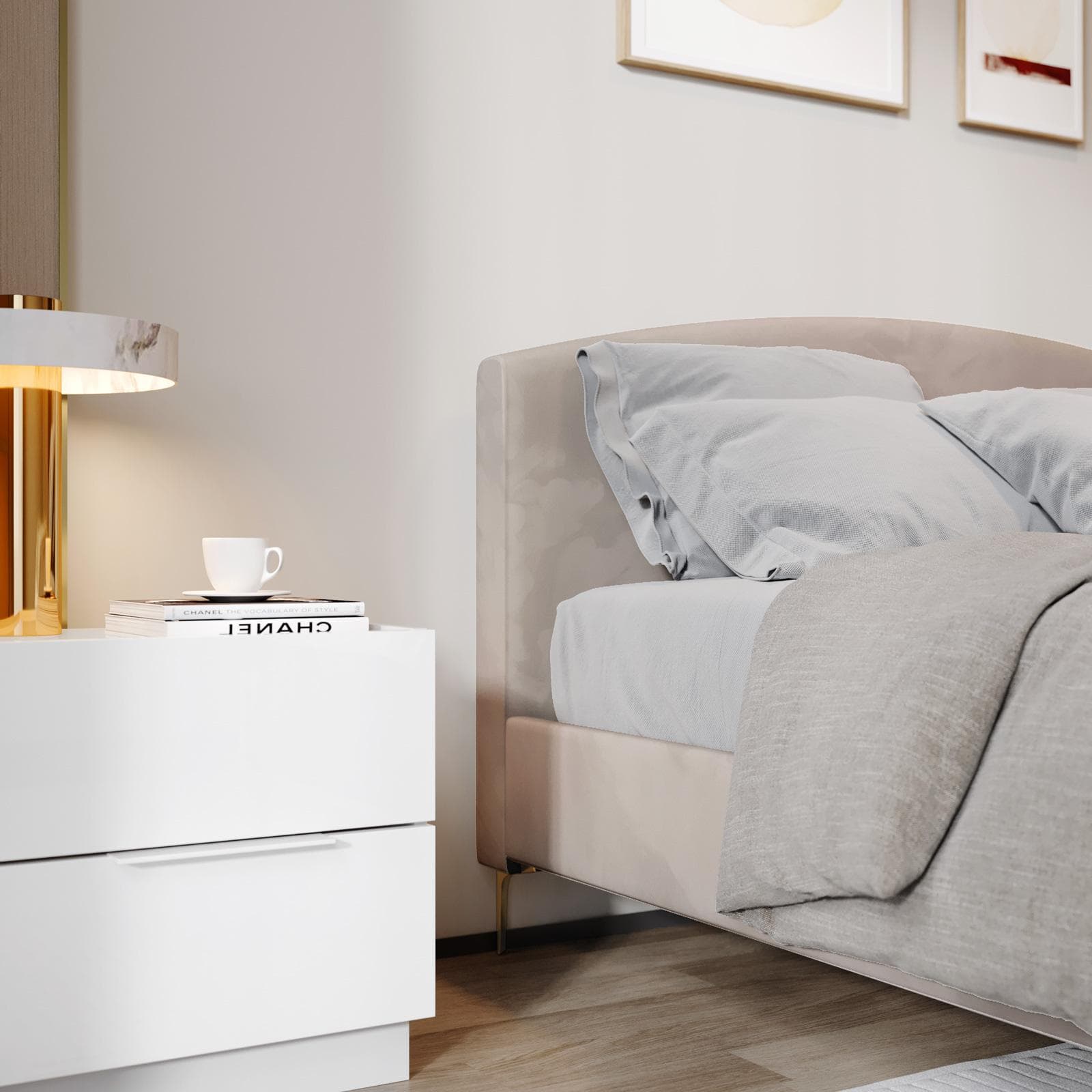 Letto matrimoniale 160x200 cm in velluto tortora chiaro con gambe in metallo oro - Boulevard