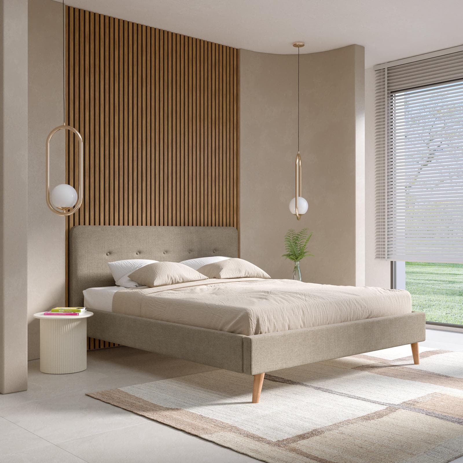 Letto matrimoniale 160x200 cm tessuto effetto maglia tortora con gambe in legno - Lasly