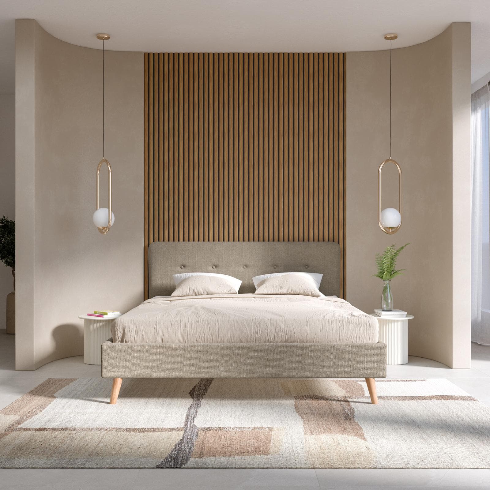 Letto matrimoniale 160x200 cm tessuto effetto maglia tortora con gambe in legno - Lasly
