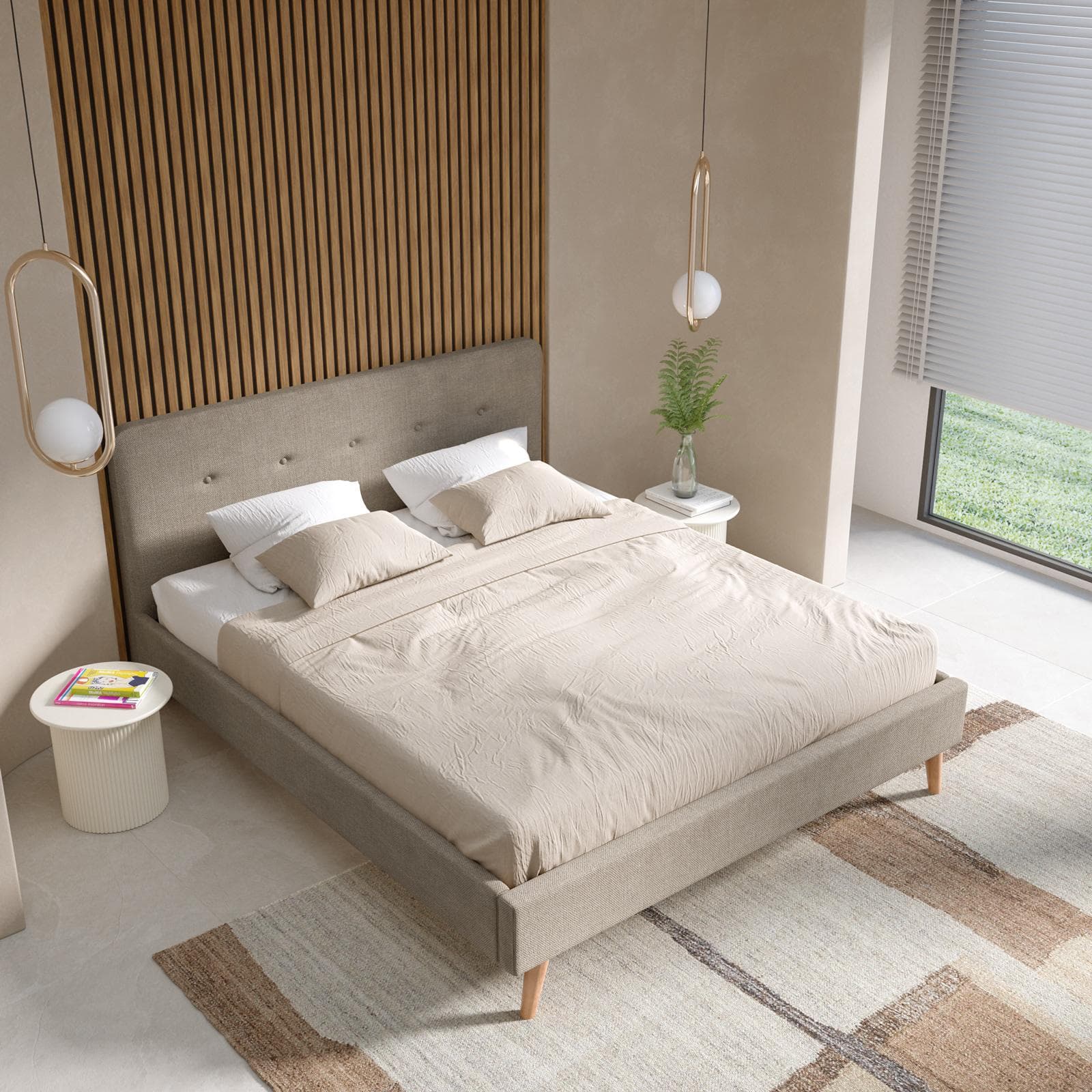 Letto matrimoniale 160x200 cm tessuto effetto maglia tortora con gambe in legno - Lasly