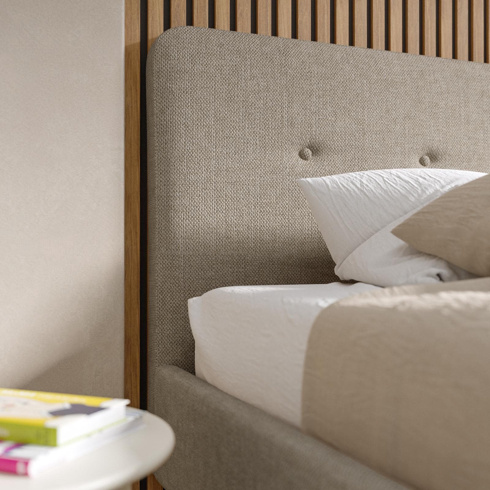 Letto matrimoniale 160x200 cm tessuto effetto maglia tortora con gambe in legno - Lasly