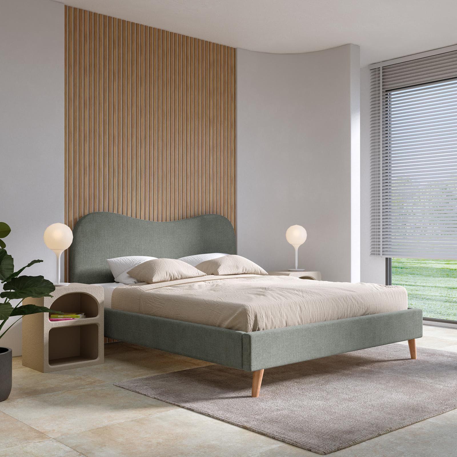 Letto matrimoniale 160x200 cm tessuto effetto maglia verde salvia con gambe in legno - Guadal