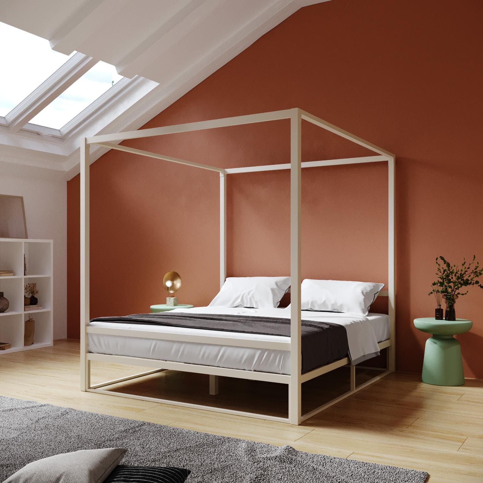 Letto matrimoniale baldacchino 160x200 cm in metallo beige - Drosim