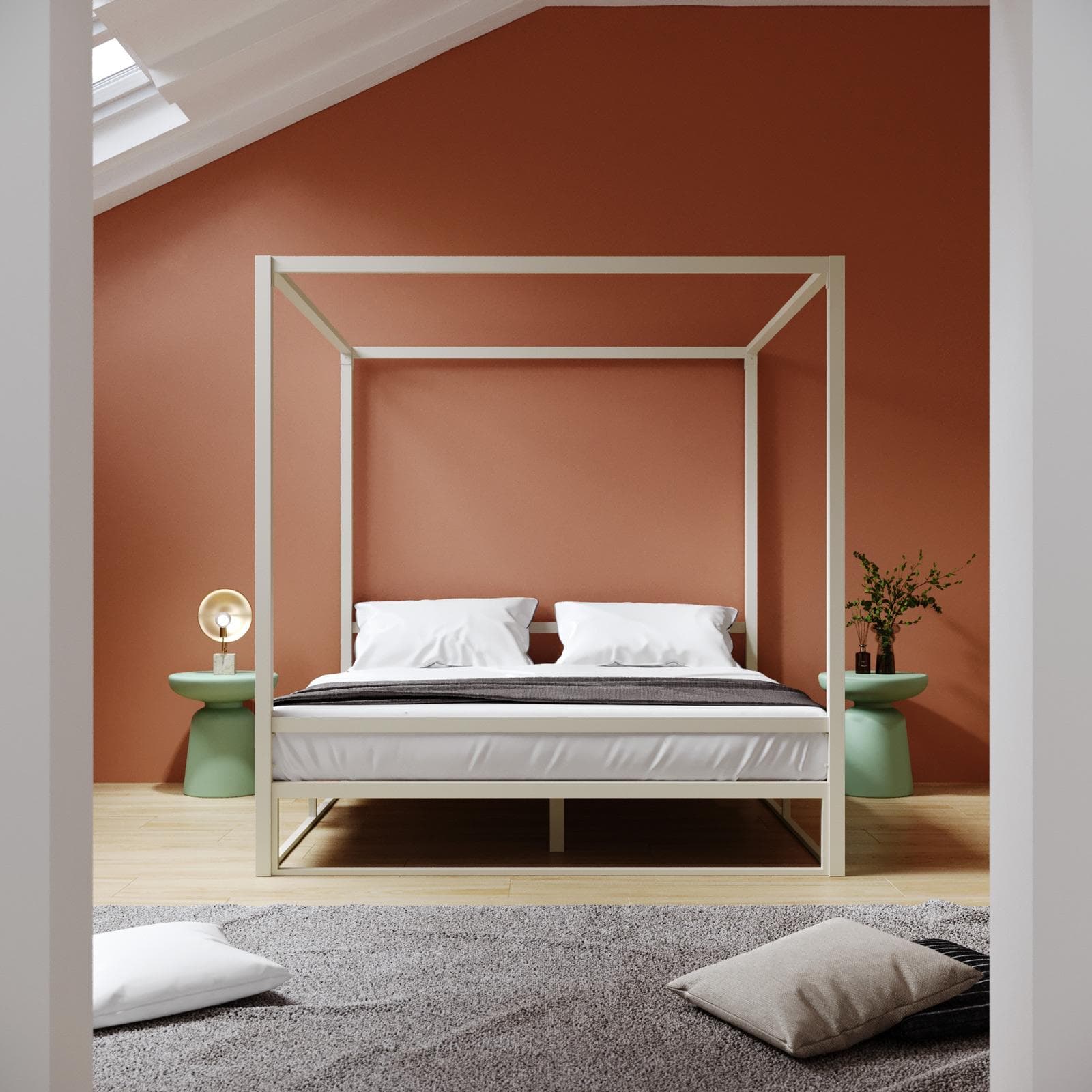 Letto matrimoniale baldacchino 160x200 cm in metallo beige - Drosim