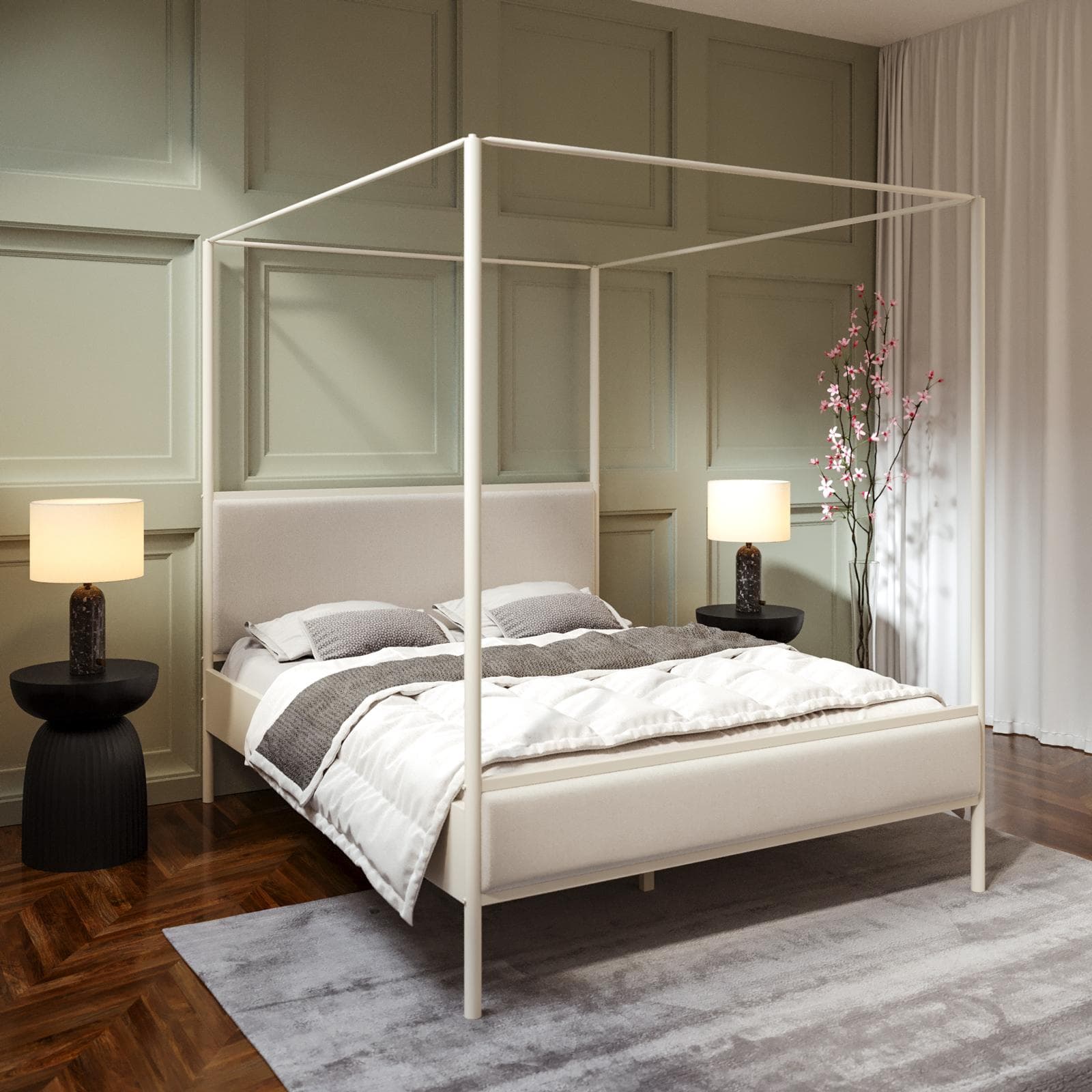 Letto matrimoniale baldacchino 160x200 cm in metallo beige e rivestimento in tessuto trama sottile crema - Phoenix Squared