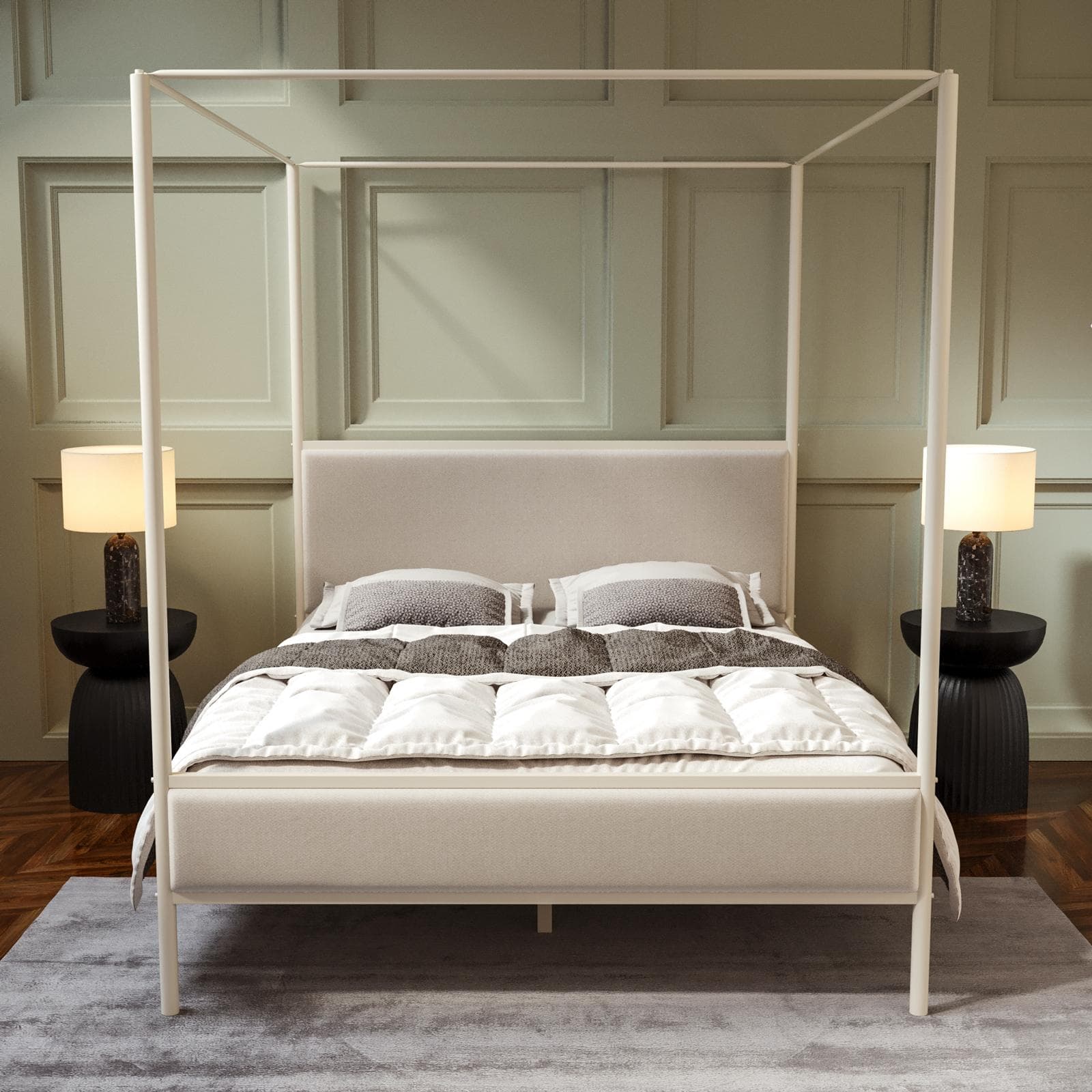 Letto matrimoniale baldacchino 160x200 cm in metallo beige e rivestimento in tessuto trama sottile crema - Phoenix Squared