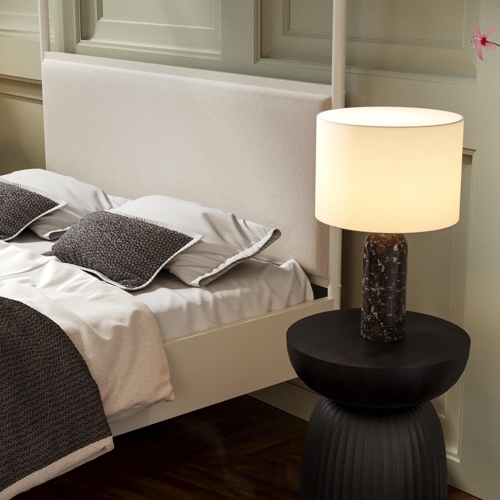 Letto matrimoniale baldacchino 160x200 cm in metallo beige e rivestimento in tessuto trama sottile crema - Phoenix Squared