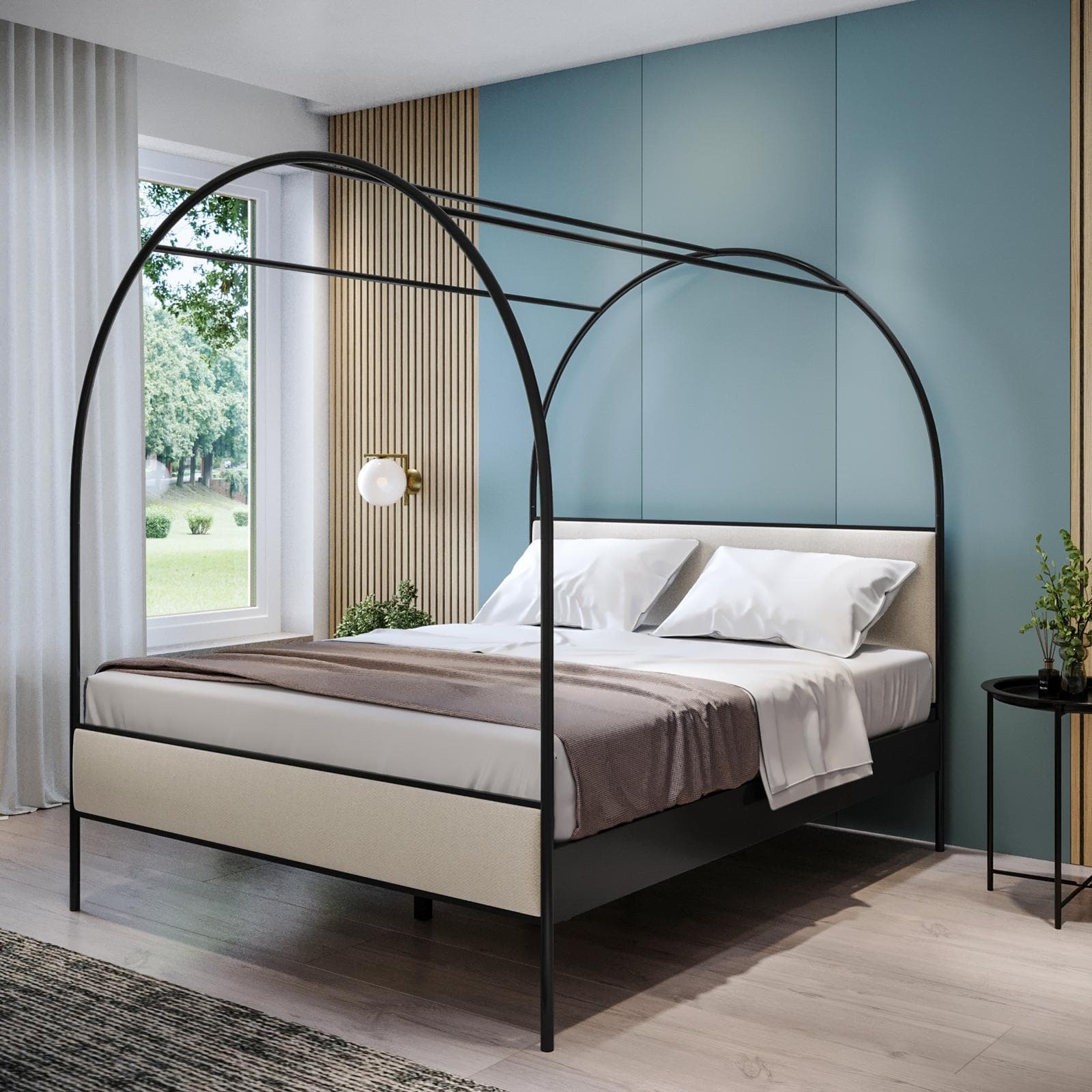 Letto matrimoniale baldacchino 160x200 cm in metallo nero con rivestimento in tessuto crema - Phoenix