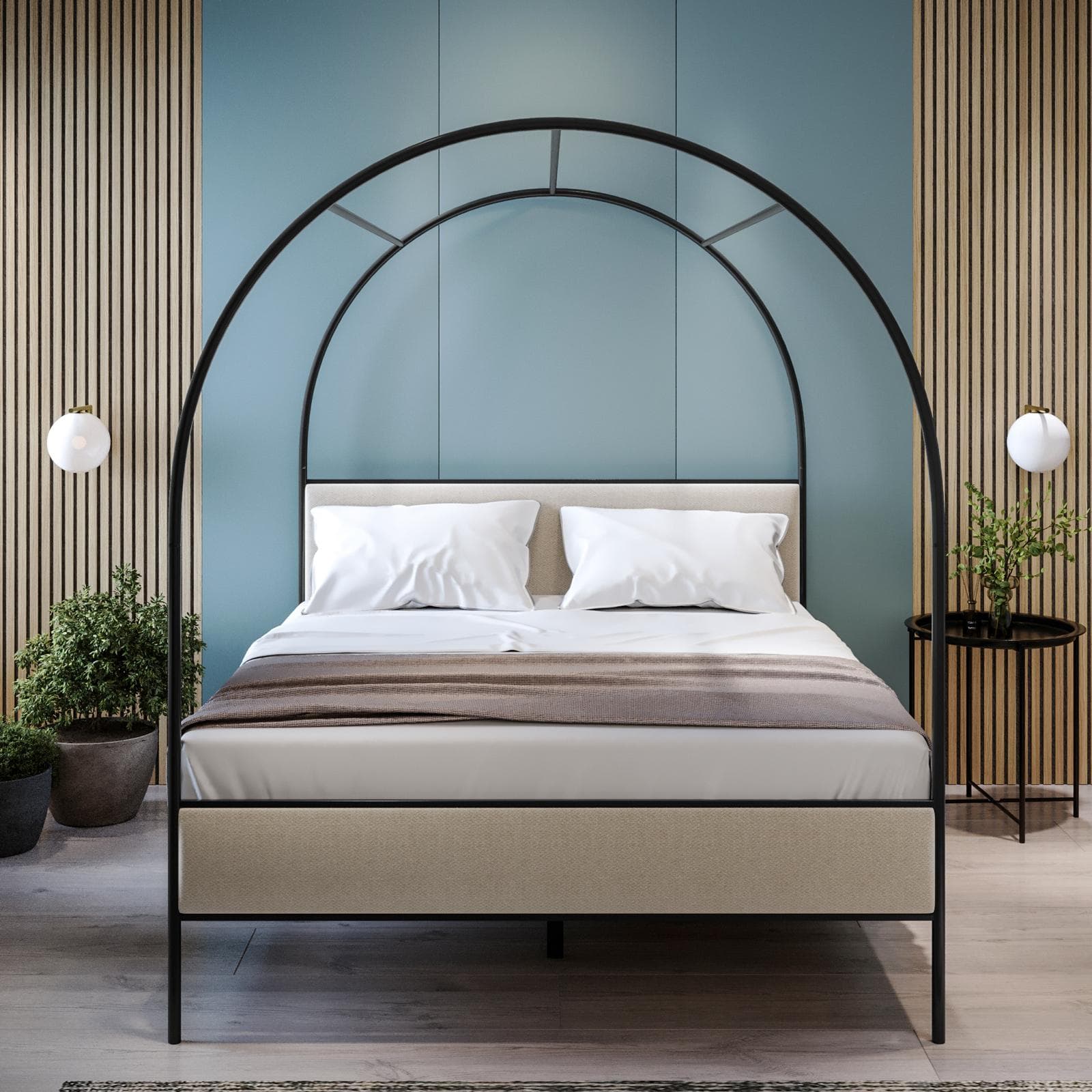 Letto matrimoniale baldacchino 160x200 cm in metallo nero con rivestimento in tessuto crema - Phoenix