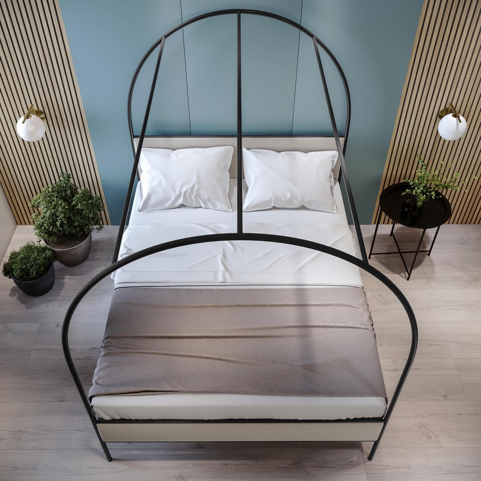 Letto matrimoniale baldacchino 160x200 cm in metallo nero con rivestimento in tessuto crema - Phoenix