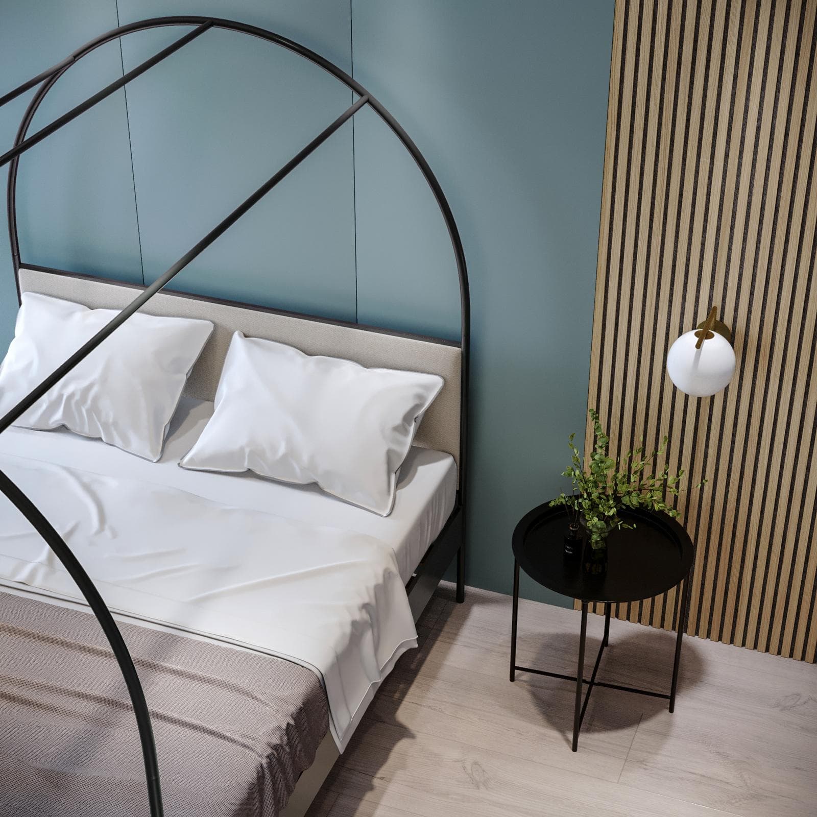 Letto matrimoniale baldacchino 160x200 cm in metallo nero con rivestimento in tessuto crema - Phoenix