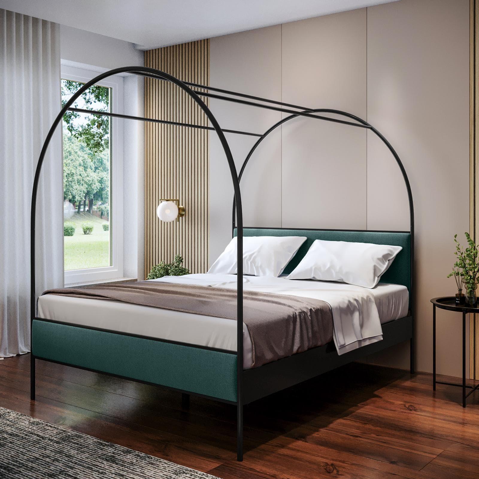 Letto matrimoniale baldacchino 160x200 cm in metallo nero con rivestimento in tessuto effetto maglia blu petrolio - Phoenix