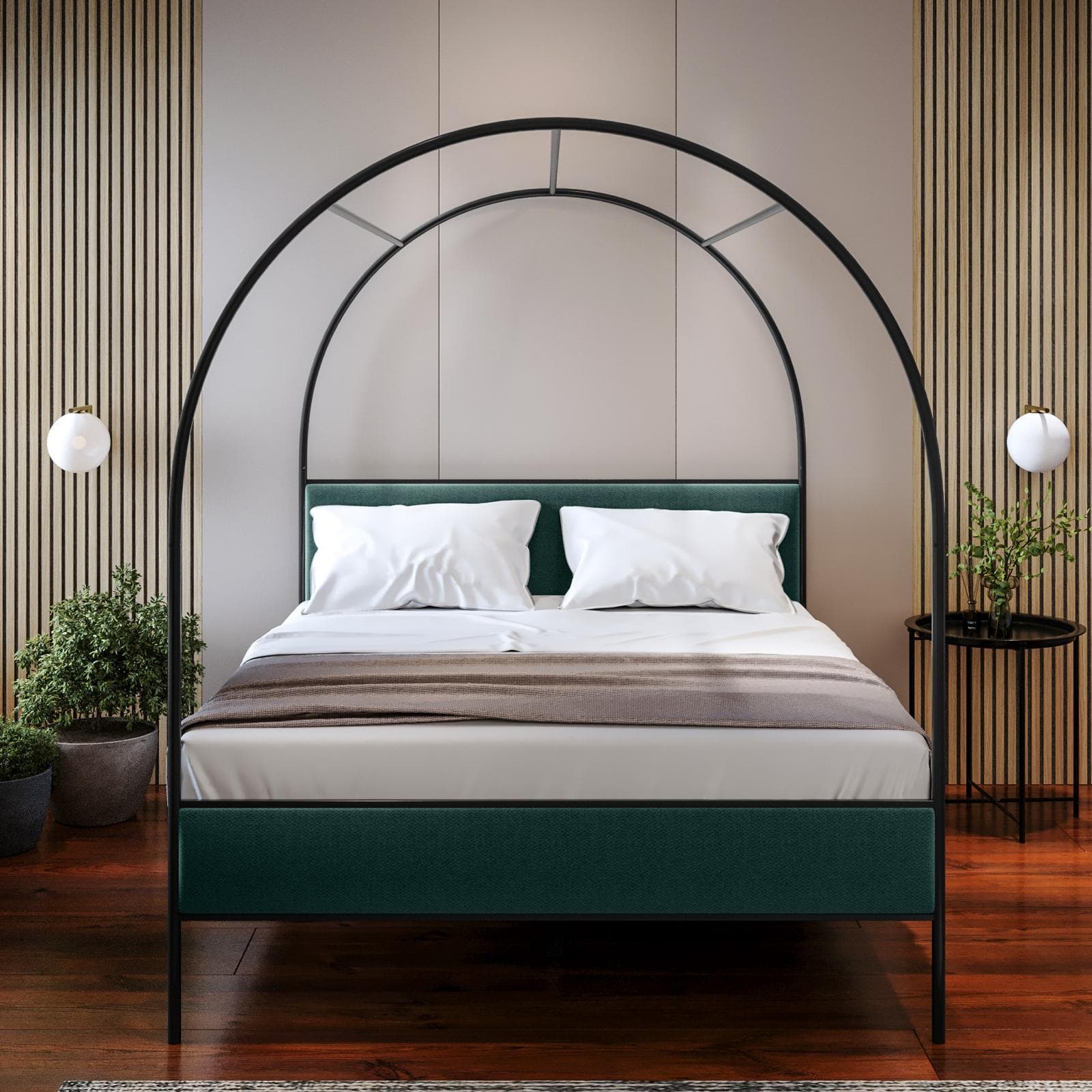 Letto matrimoniale baldacchino 160x200 cm in metallo nero con rivestimento in tessuto effetto maglia blu petrolio - Phoenix