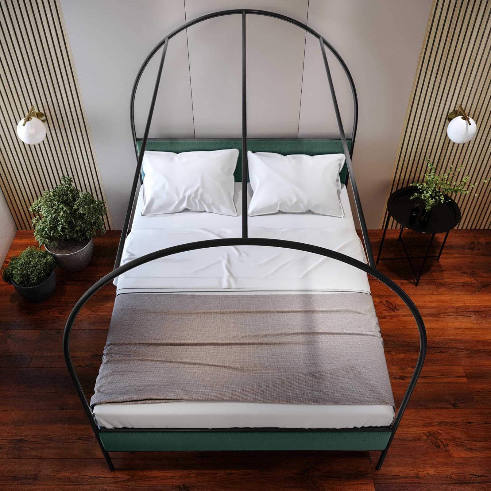 Letto matrimoniale baldacchino 160x200 cm in metallo nero con rivestimento in tessuto effetto maglia blu petrolio - Phoenix