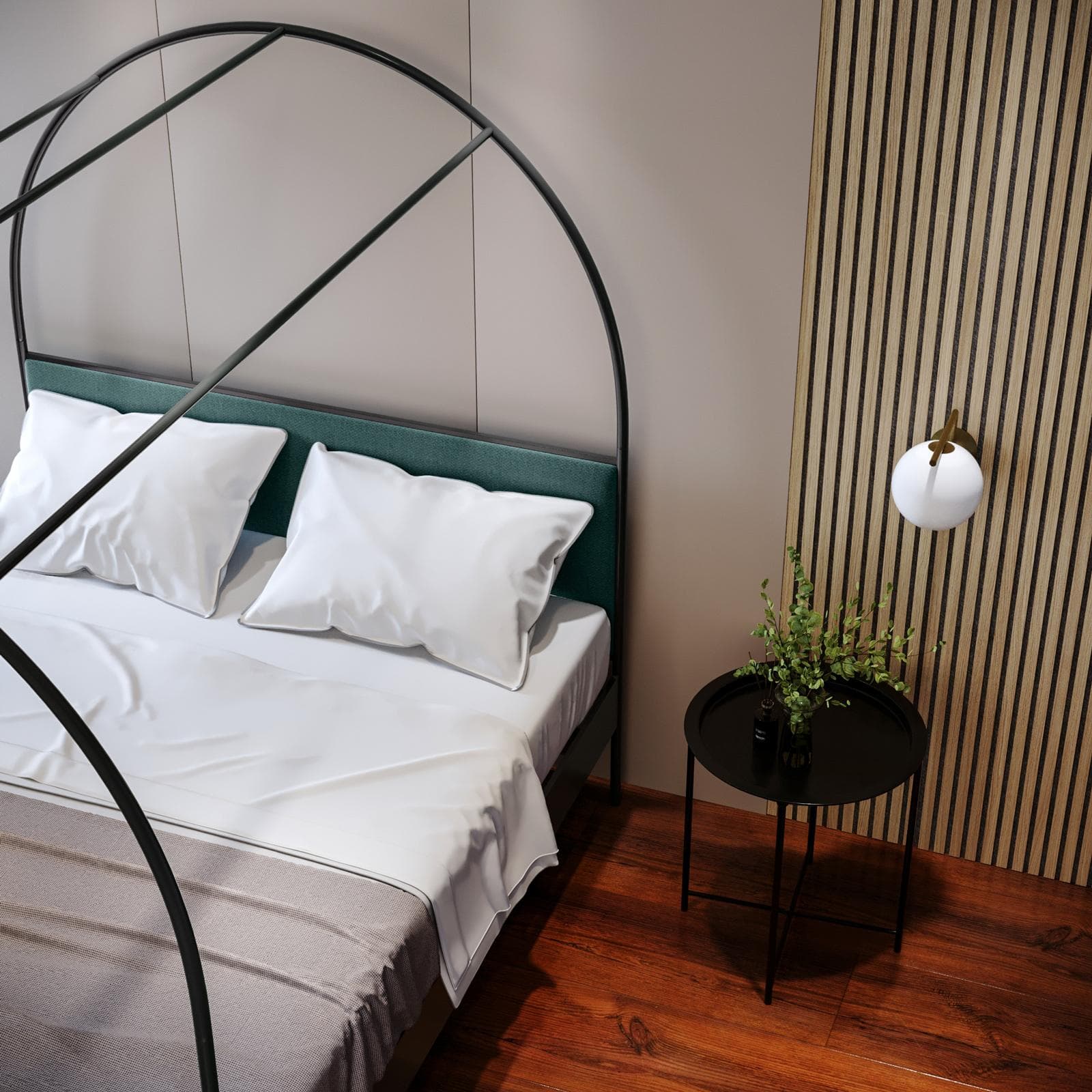 Letto matrimoniale baldacchino 160x200 cm in metallo nero con rivestimento in tessuto effetto maglia blu petrolio - Phoenix