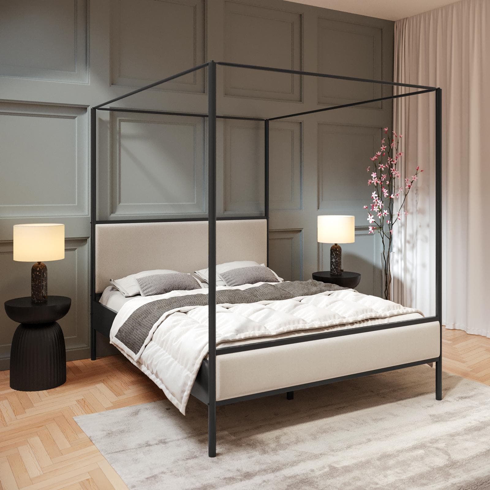 Letto matrimoniale baldacchino 160x200 cm in metallo nero con rivestimento in tessuto trama sottile crema - Phoenix Squared