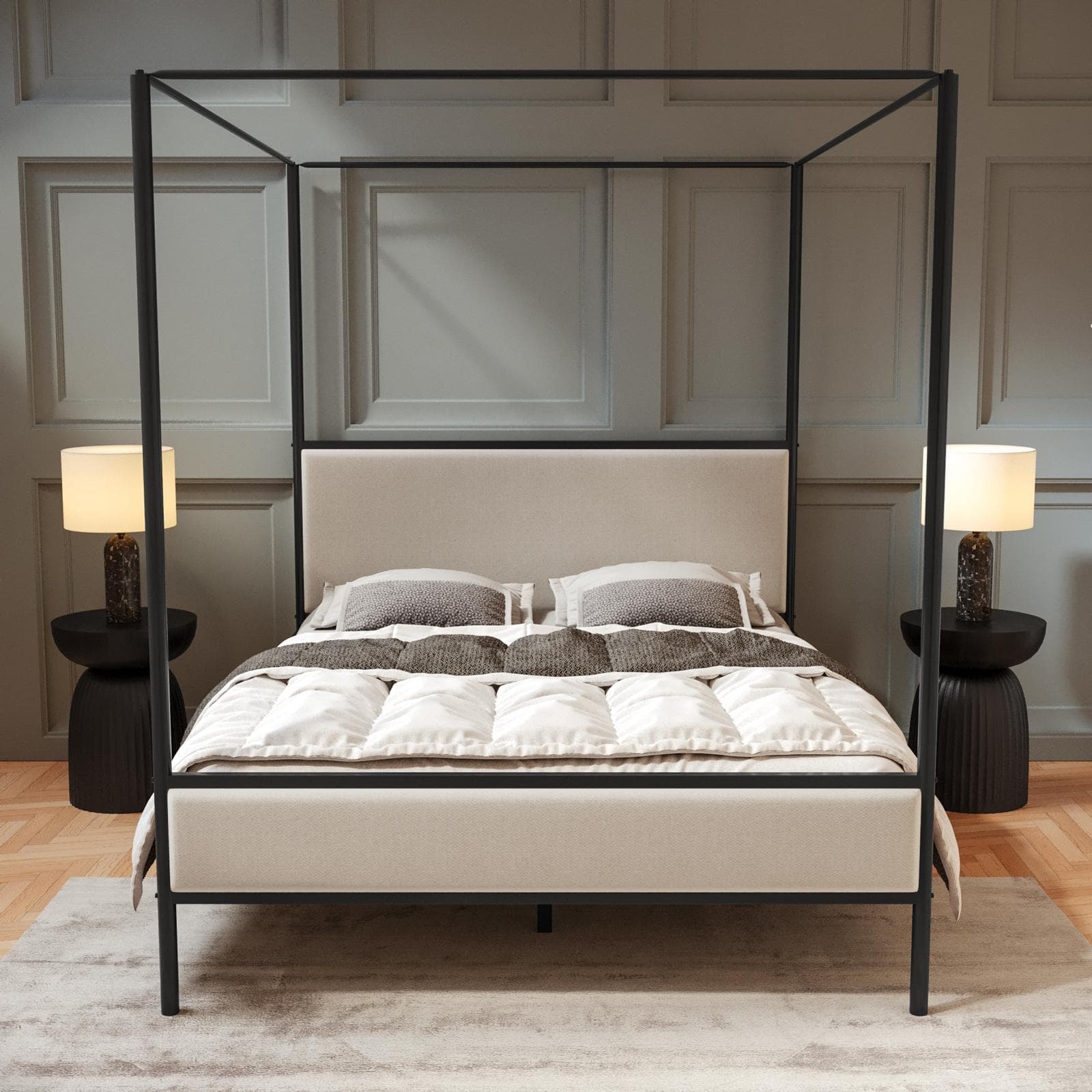 Letto matrimoniale baldacchino 160x200 cm in metallo nero con rivestimento in tessuto trama sottile crema - Phoenix Squared