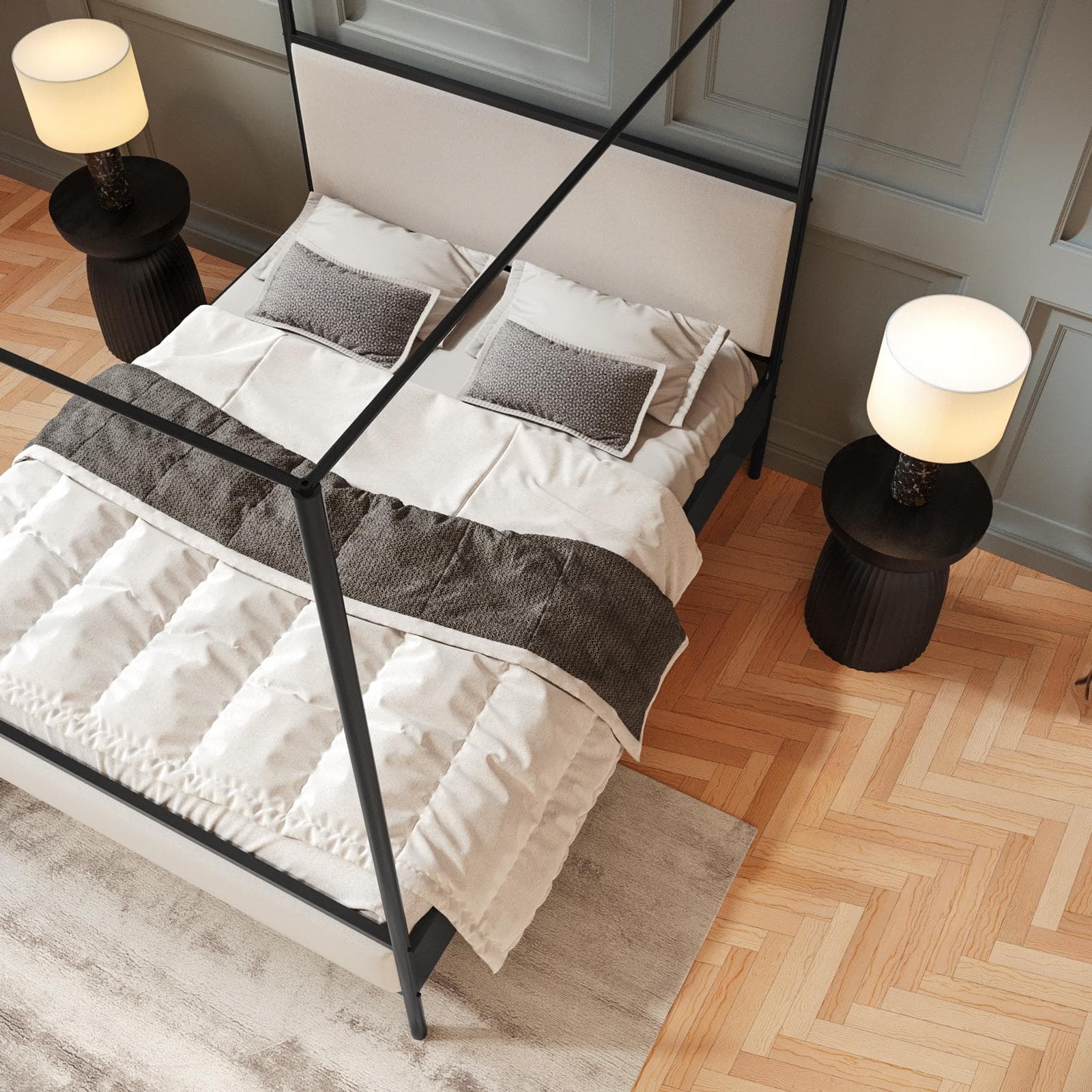 Letto matrimoniale baldacchino 160x200 cm in metallo nero con rivestimento in tessuto trama sottile crema - Phoenix Squared