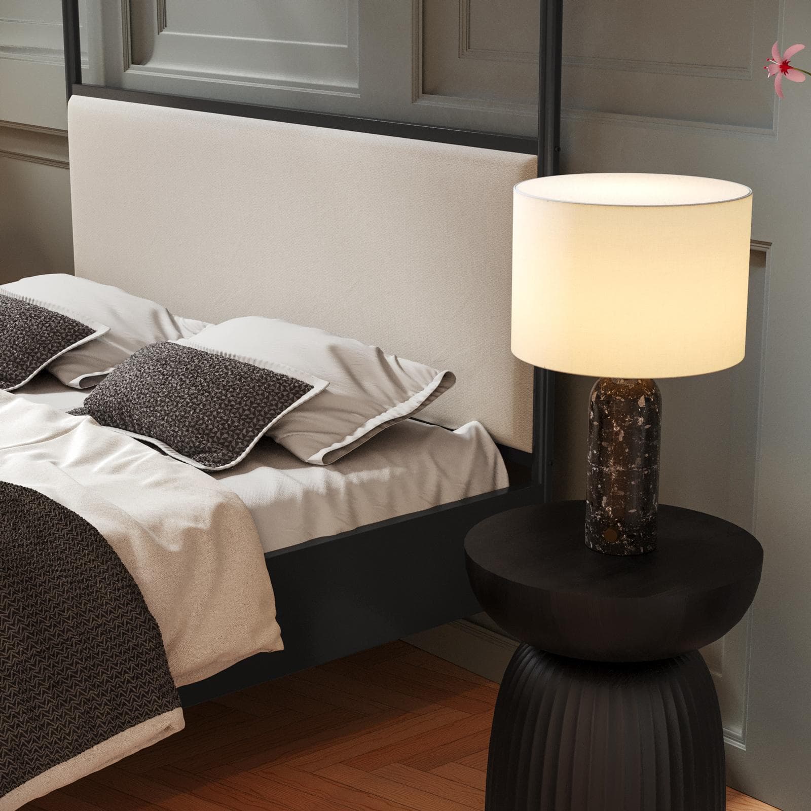 Letto matrimoniale baldacchino 160x200 cm in metallo nero con rivestimento in tessuto trama sottile crema - Phoenix Squared