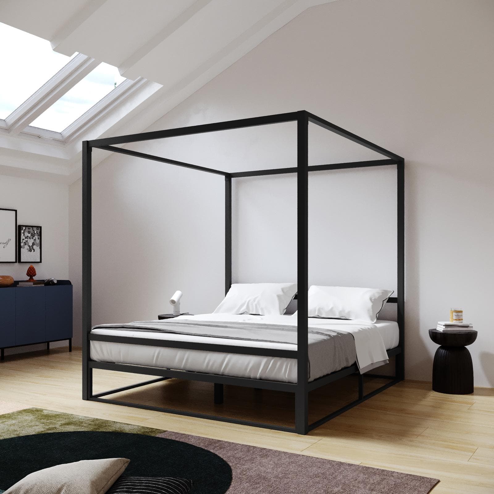 Letto matrimoniale baldacchino 160x200 cm in metallo nero - Drosim