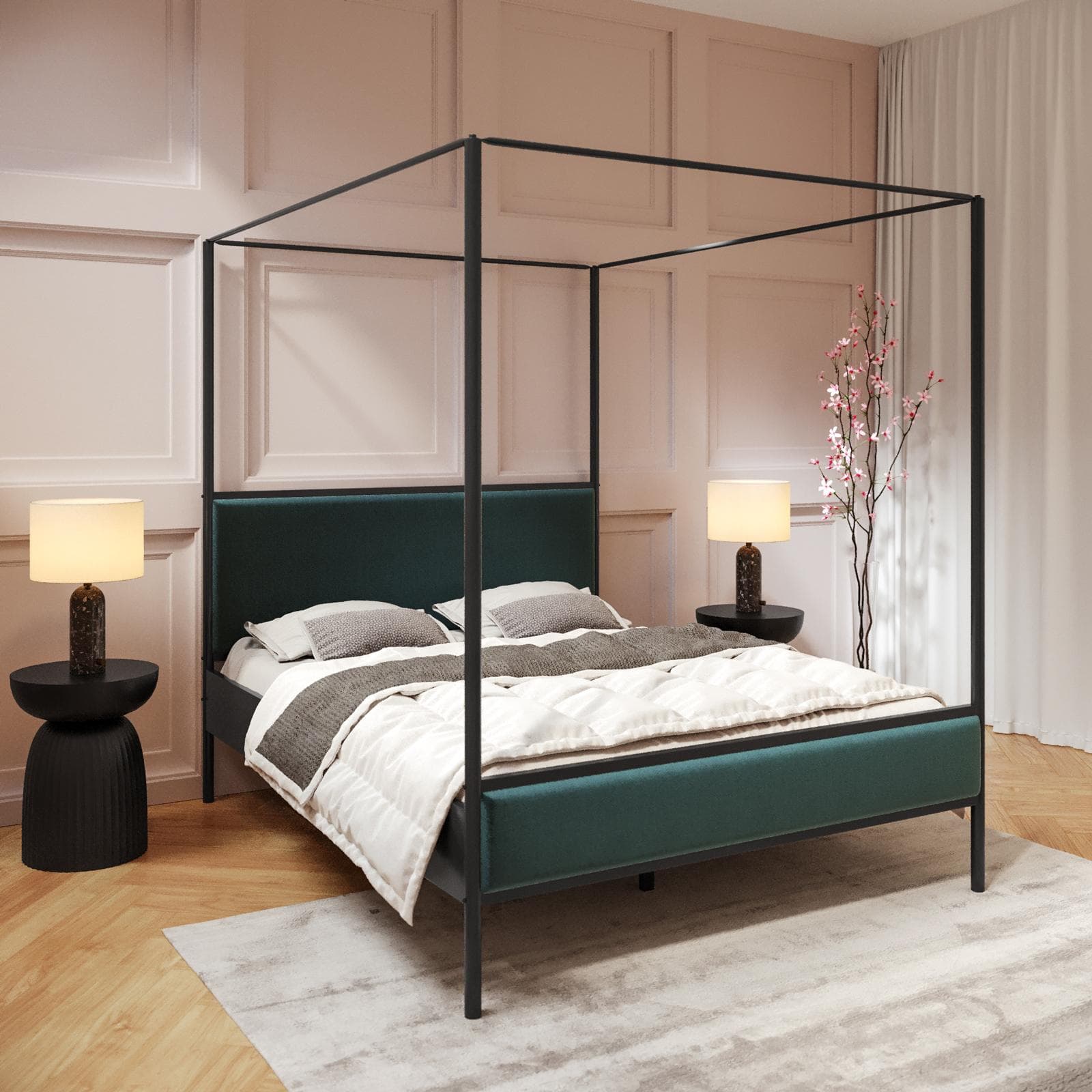 Letto matrimoniale baldacchino 160x200 cm in metallo nero e tessuto effetto maglia blu petrolio - Phoenix Squared