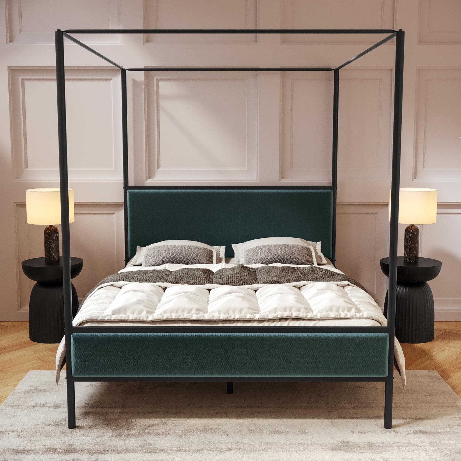 Letto matrimoniale baldacchino 160x200 cm in metallo nero e tessuto effetto maglia blu petrolio - Phoenix Squared