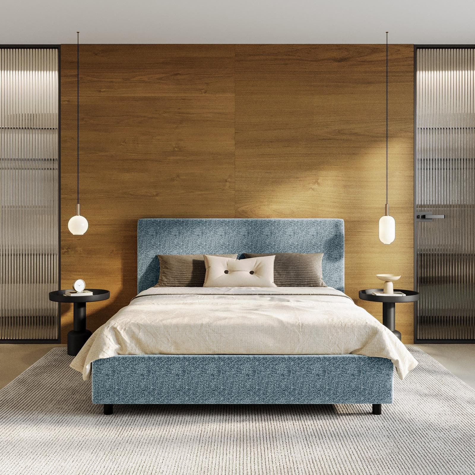 Letto matrimoniale contenitore 160x190 cm in tessuto ciniglia cielo sfoderabile - Hatfield