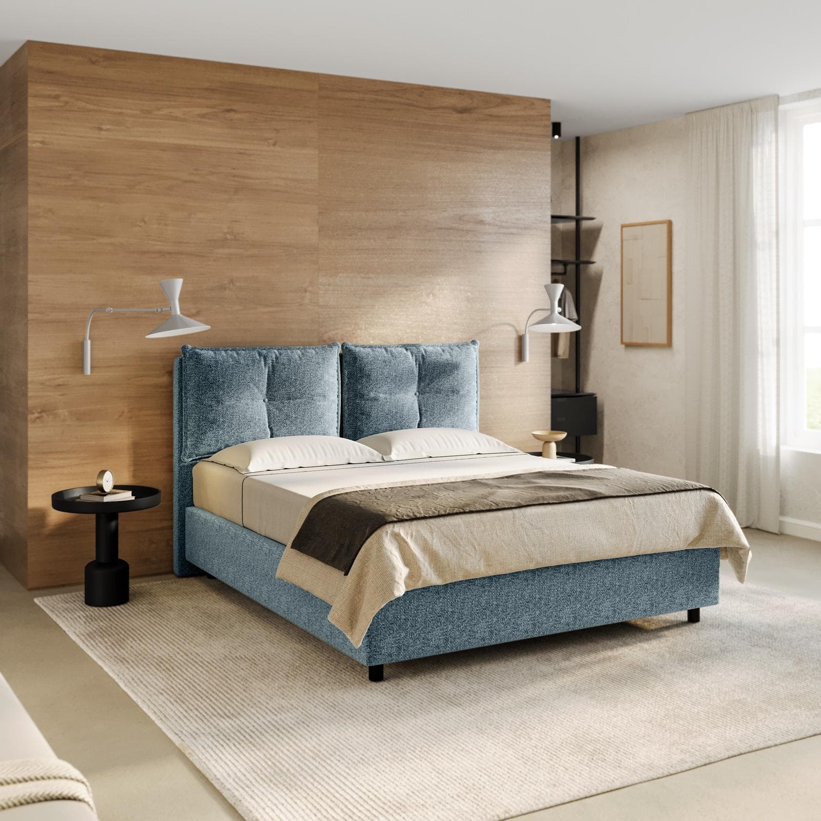 Letto matrimoniale contenitore 160x190 cm in tessuto ciniglia cielo sfoderabile - Priory
