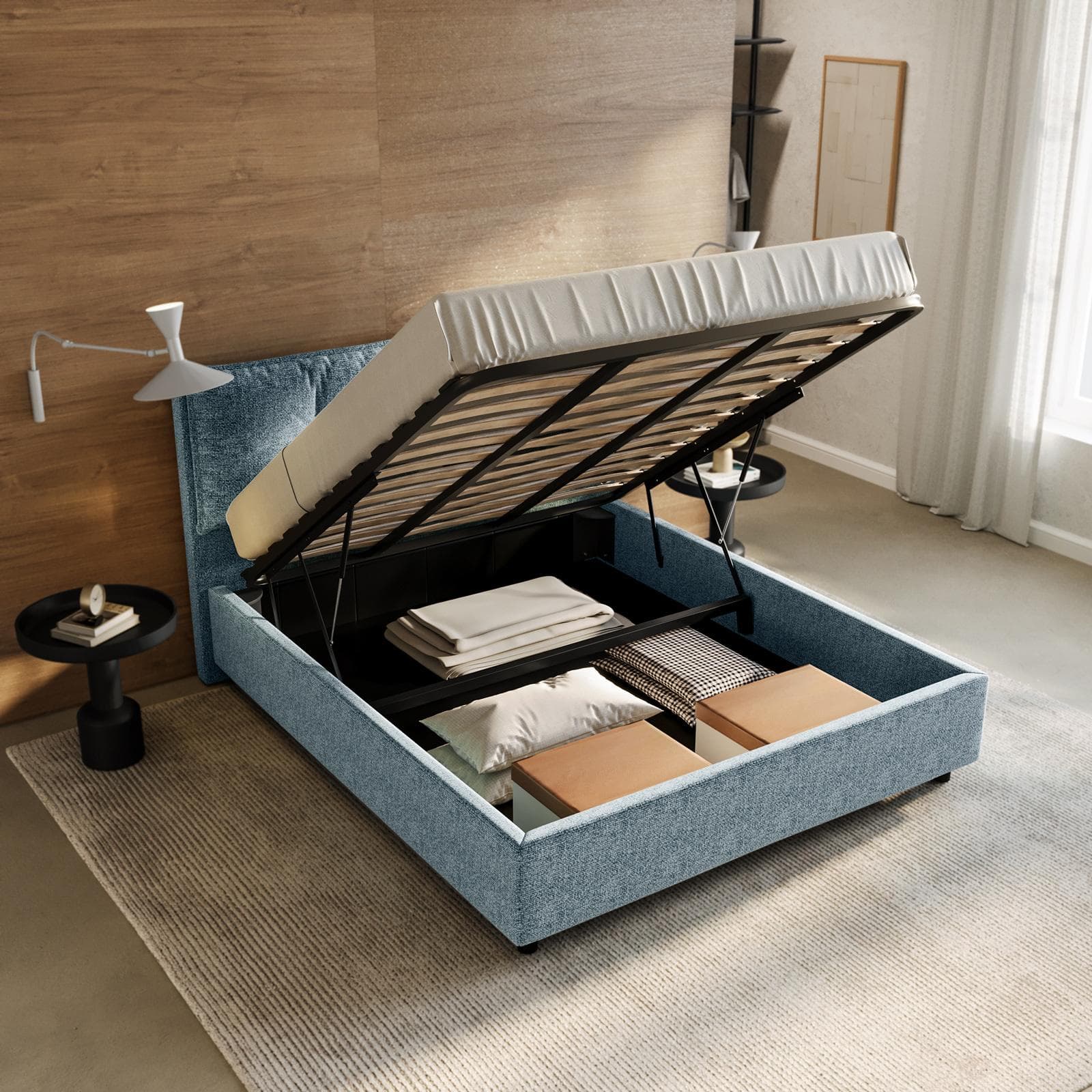 Letto matrimoniale contenitore 160x190 cm in tessuto ciniglia cielo sfoderabile - Priory