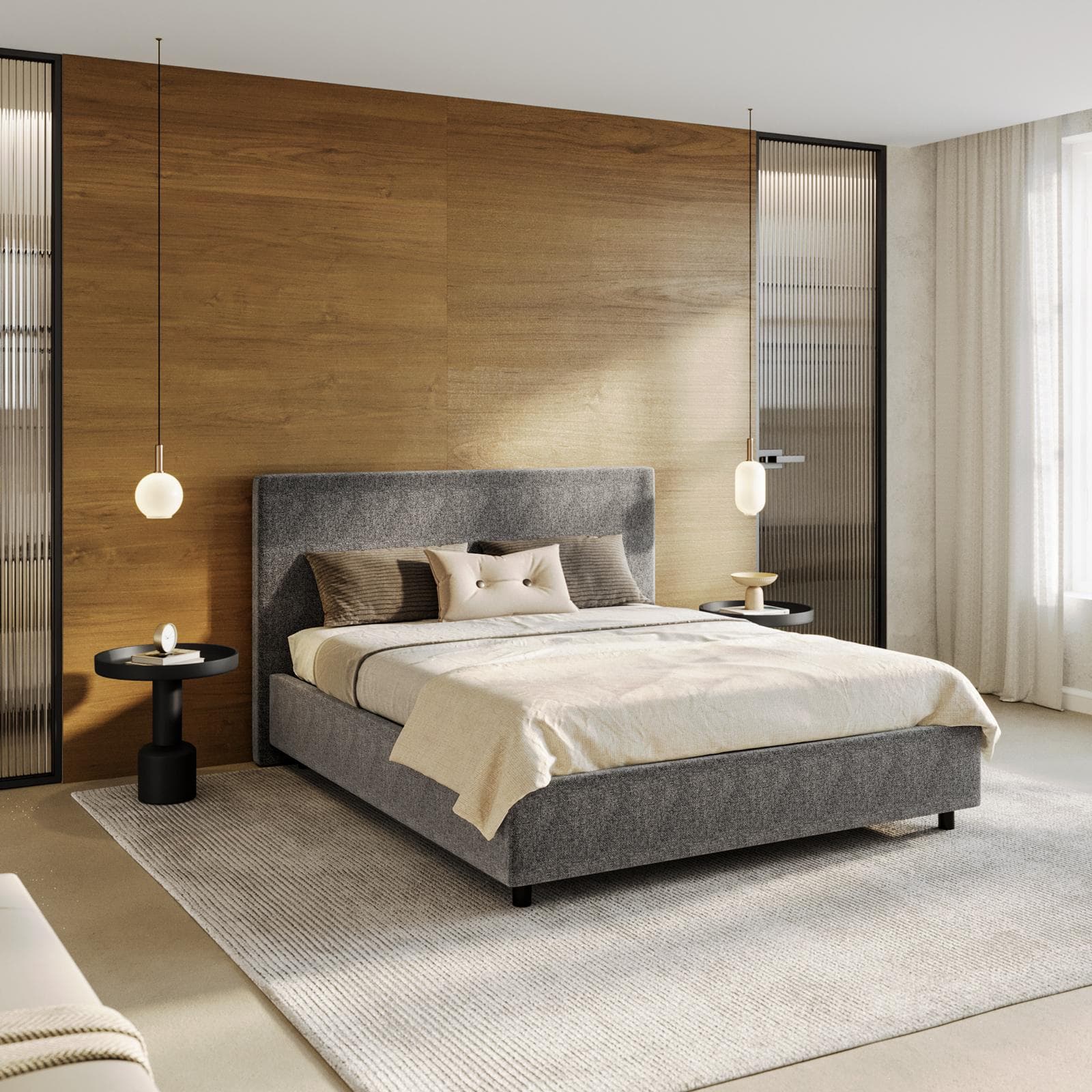 Letto matrimoniale contenitore 160x190 cm in tessuto ciniglia grigio sfoderabile - Hatfield