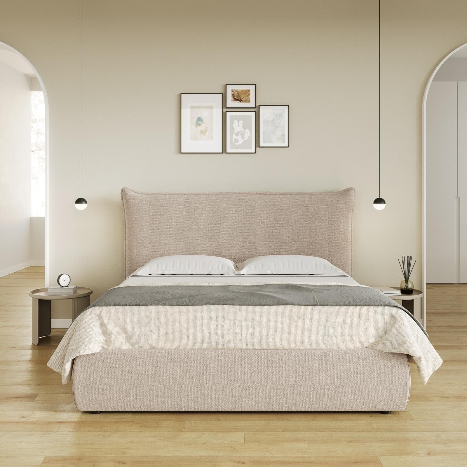 Letto matrimoniale contenitore 160x190 cm in tessuto effetto maglia beige - Salen