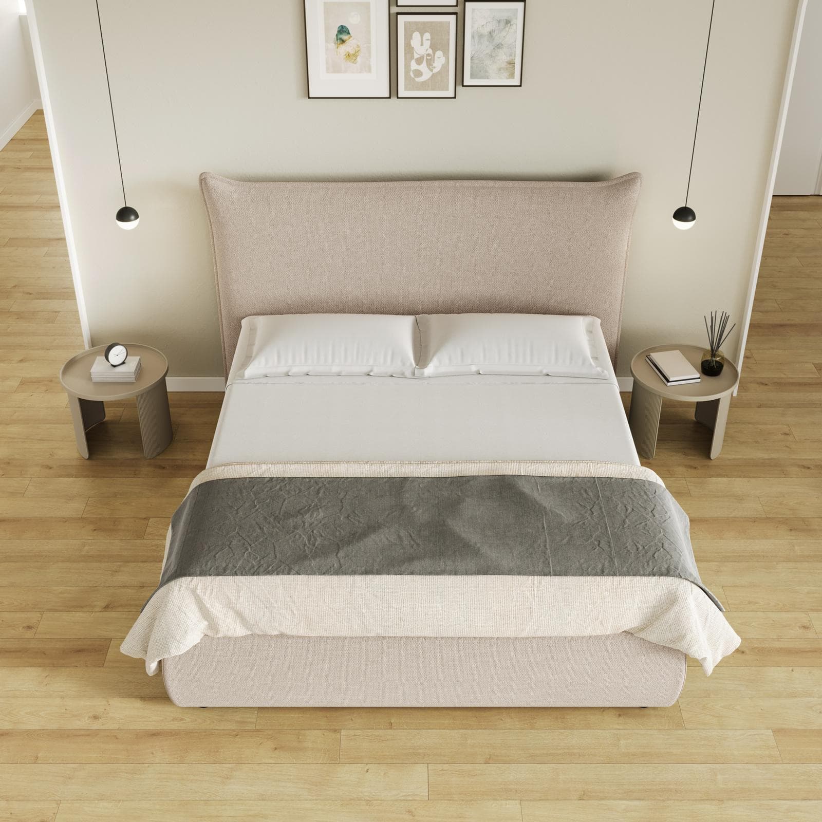 Letto matrimoniale contenitore 160x190 cm in tessuto effetto maglia beige - Salen