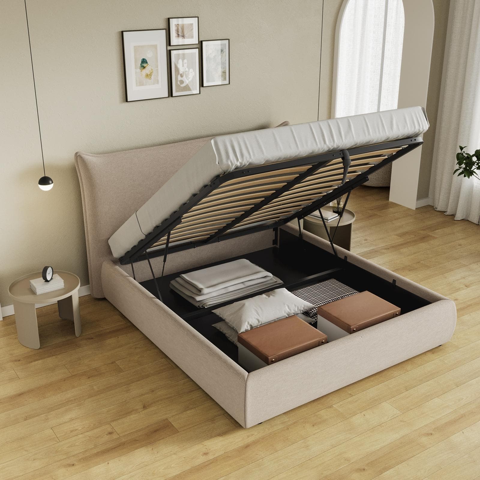 Letto matrimoniale contenitore 160x190 cm in tessuto effetto maglia beige - Salen
