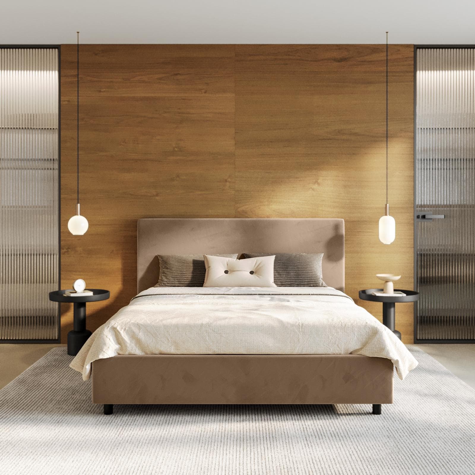 Letto matrimoniale contenitore 160x190 cm in velluto tortora sfoderabile - Hatfield
